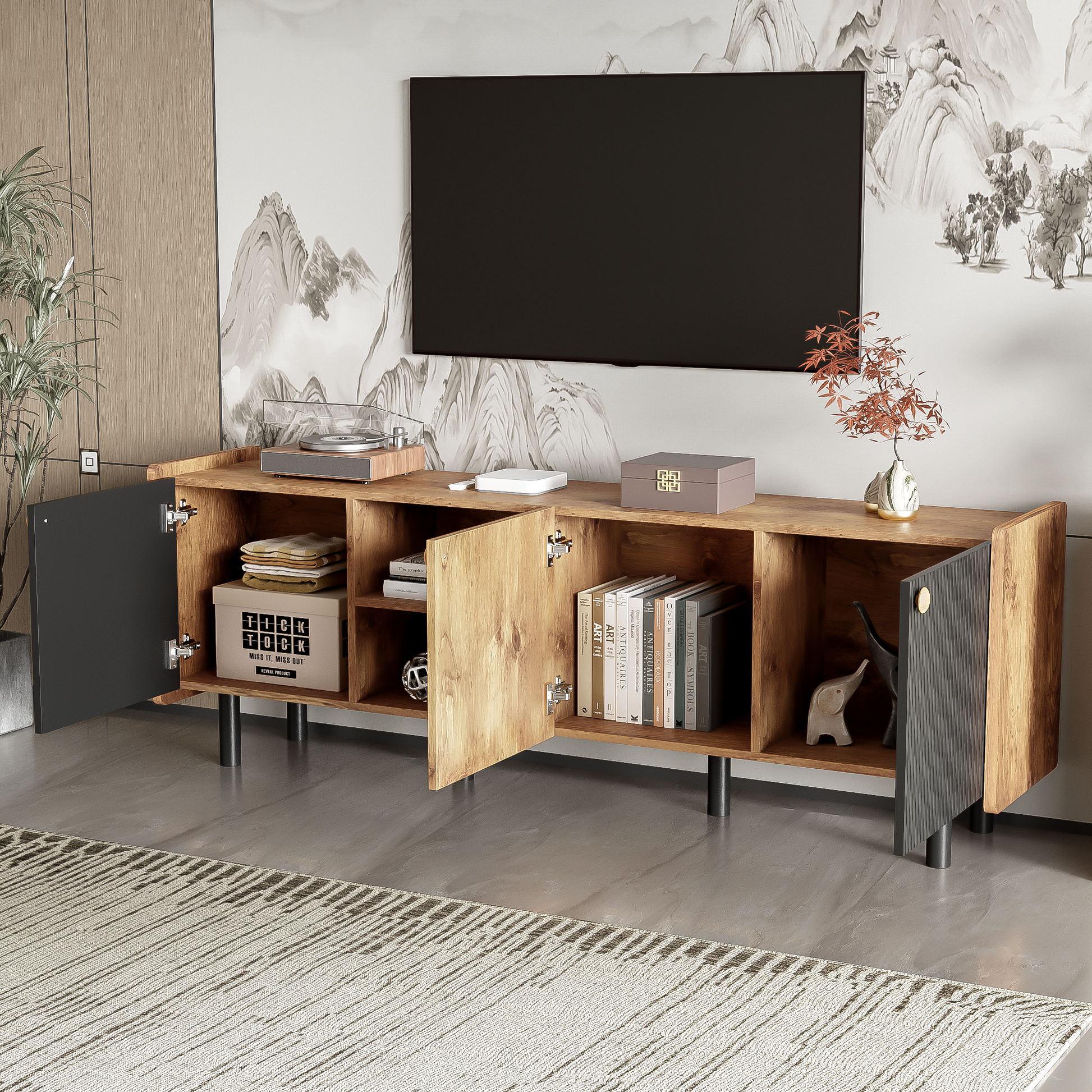 Mid Century Tv Stand With 3 Cabinets, Media Console Table For Tvs Up To 70'', Entertainment Center With Storage For Living Room, Bedroom, Home Theatre Black Brown Primary Living Space 60 69 Inches