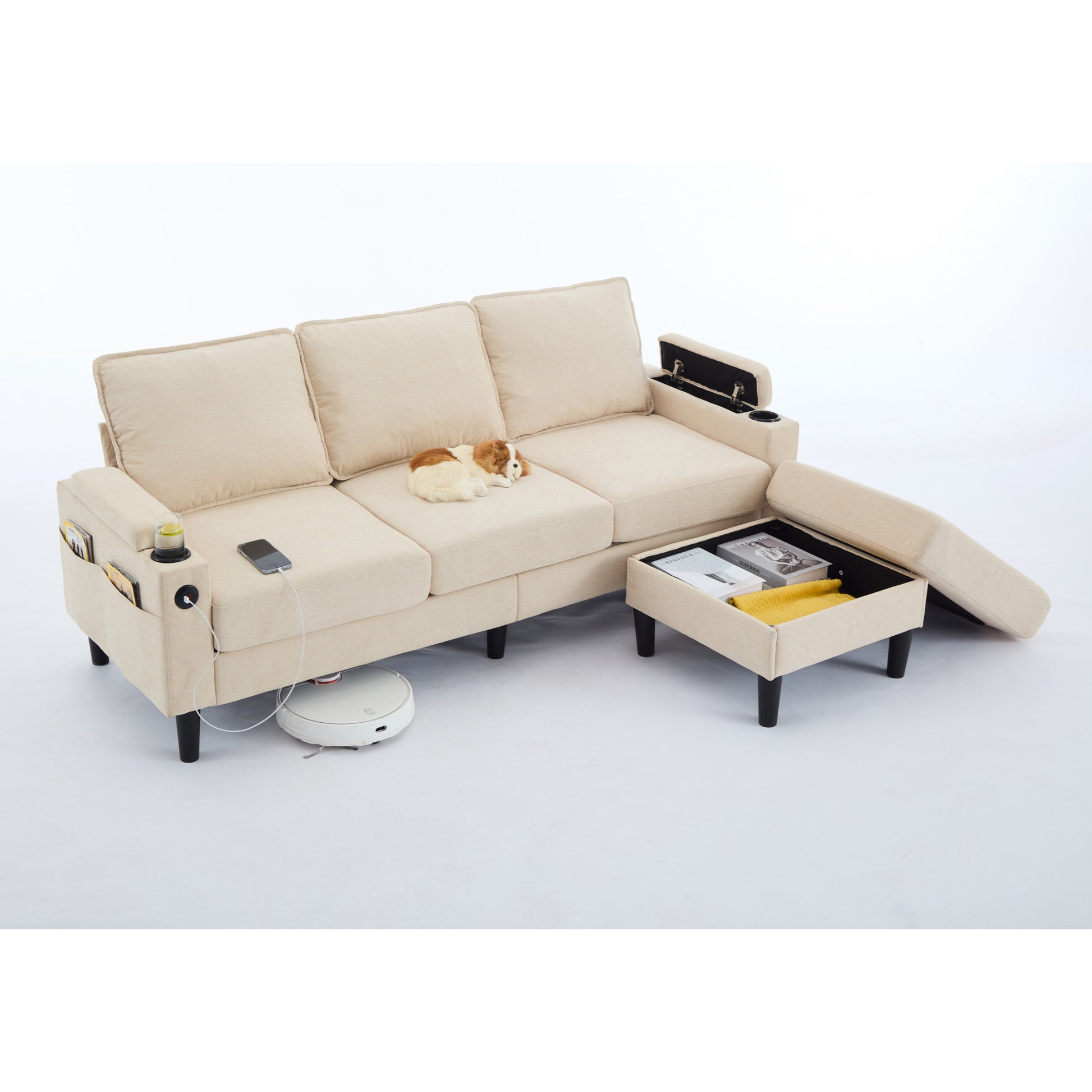 Beige Color Knock Down 3 Seat Combo Sofa With Storage Ottoman For Living Room Apartment Bedroom And Compact Room, Upholstered Sectional Couch, L Shaped Bench With A Footrest, A Individual Sto White Wood Primary Living Space Heavy Duty Pine 3 Seat Beige