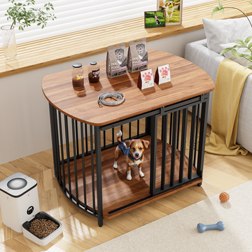31.5" Furniture Style Dog Crate For Small And Medium Dogs, Wooden Cage Indoor Kennel Furniture, Modern Dog Crate End Table With Double Doors, Brown Brown Pet Barrier Medium 26 40 Lbs Iron,Mdf