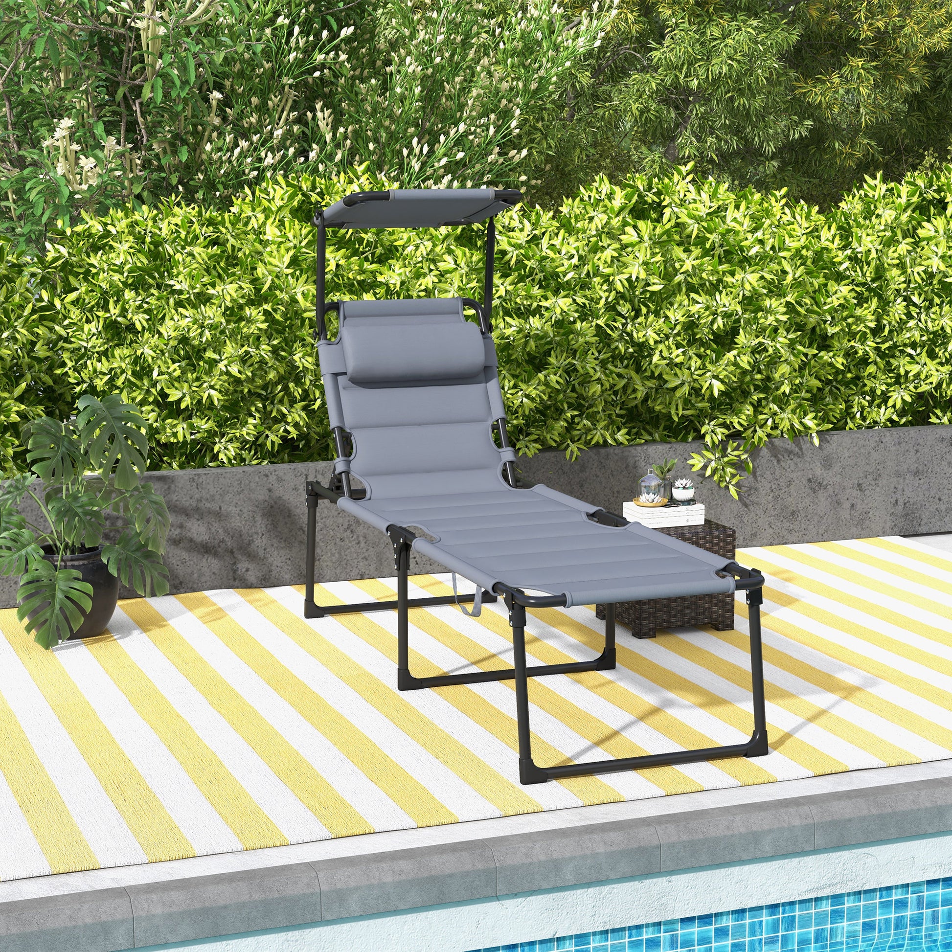 Outsunny Outdoor Lounge Chair, Adjustable Backrest Folding Chaise Lounge, Cushioned Tanning Chair W Sunshade Roof & Pillow Headrest For Beach, Camping, Hiking, Gray Grey Steel