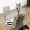 Modern Style Glass Dining Table, Elegant Transparent Design, Solid Support Base, Grey Dining Chair Set, Gold Plated Chair Legs, Suitable For Restaurant Kitchen Use Set Of 5 Grey Gold Seats 4 Mdf Glass