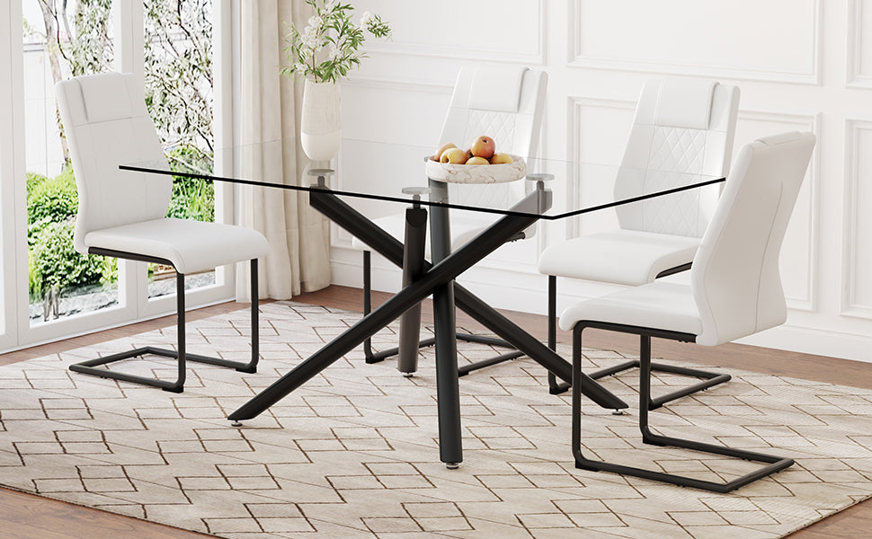 Table And Chair Set.Modern Rectangular Glass Dining Table With 0.39" Tempered Glass Tabletop And Black Metal Legs.Paired With Multiple Chairs Designed With Pu Cushions And Black Metal Legs. White Black Seats 4 Tempered Glass
