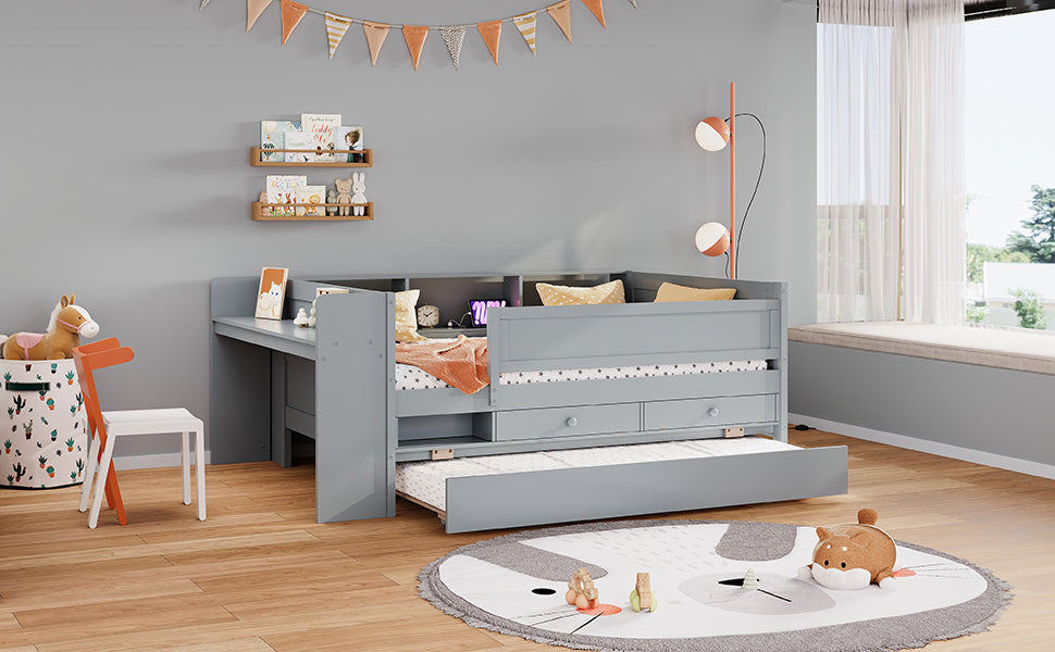 Multi Functional Twin Daybed With Drawers And Trundle, Headboard Storage And Tables, Usb Charging Station, Gray Box Spring Not Required Twin Gray Wood Daybeds Pine