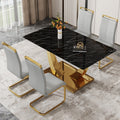 Table And Chair Set.Modern Rectangular Dining Table With Black Textured Stickers Glass Tabletop And Gold Plated Metal Legs.Paried With 4 Comfortable Chairs With Pu Seats And Golden Metal Legs. Gold,Light Gray Seats 4 Glass Metal