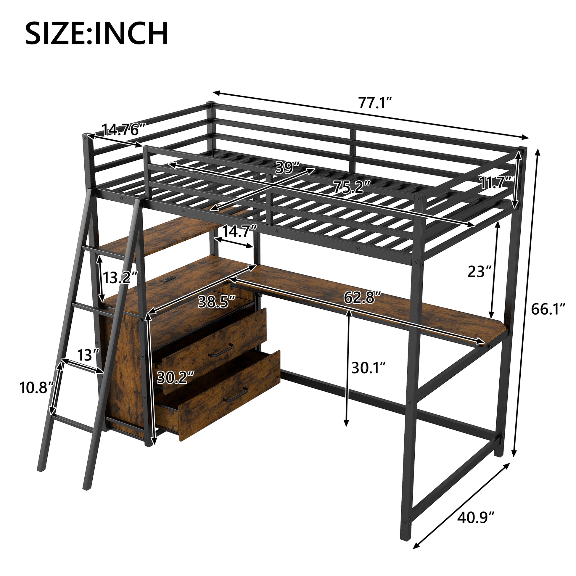 Twin Size Metal&Wood Loft Bed With Desk And Shelves, Two Built In Drawers, Led Light And Usb Charging Station, Black Twin Black Metal & Wood