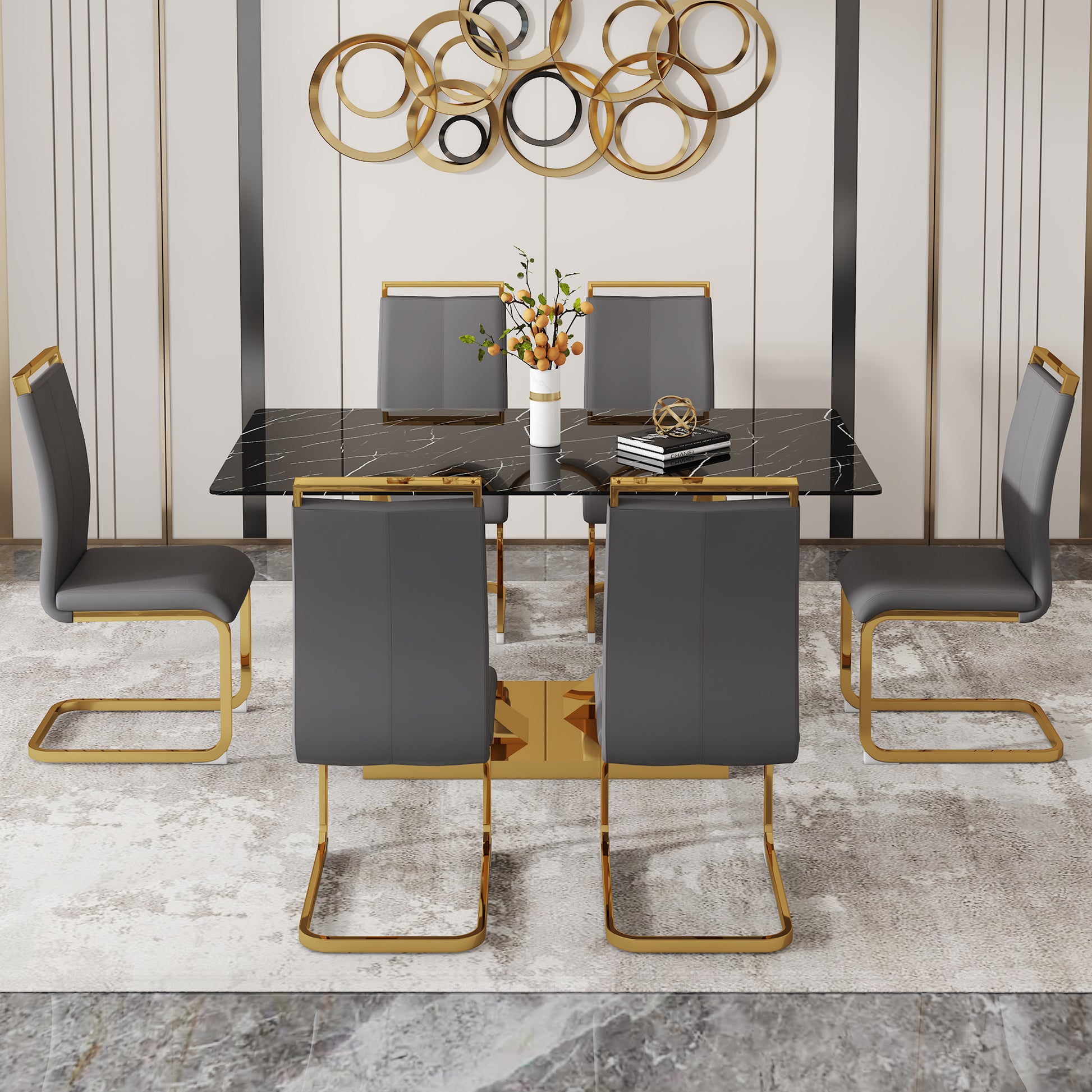 Table And Chair Set.Modern Rectangular Dining Table With Black Textured Stickers Glass Tabletop And Gold Plated Metal Legs.Paried With 6 Comfortable Chairs With Pu Seats And Golden Metal Legs. Dark Gray,Gold Seats 6 Glass Metal