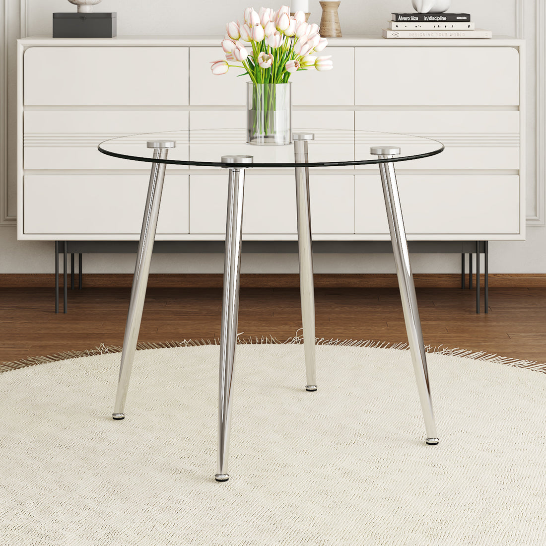 Round Dining Table With Glass Top, Silver Metal Legs, Exquisite Life, Starting From The Details, The Silver Legs Show An Extraordinary Texture, Which Is The Finishing Touch To Your Home Transparent Glass Metal