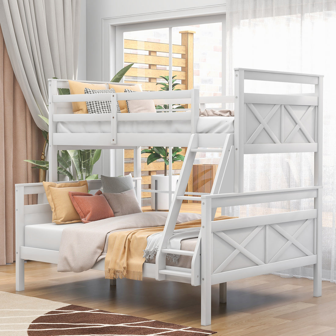 Twin Over Full Bunk Bed With Ladder, Safety Guardrail, Perfect For Bedroom, White Old Sku: Sm000118Aak 1 Twin Box Spring Not Required White Wood Bedroom Bunk Pine