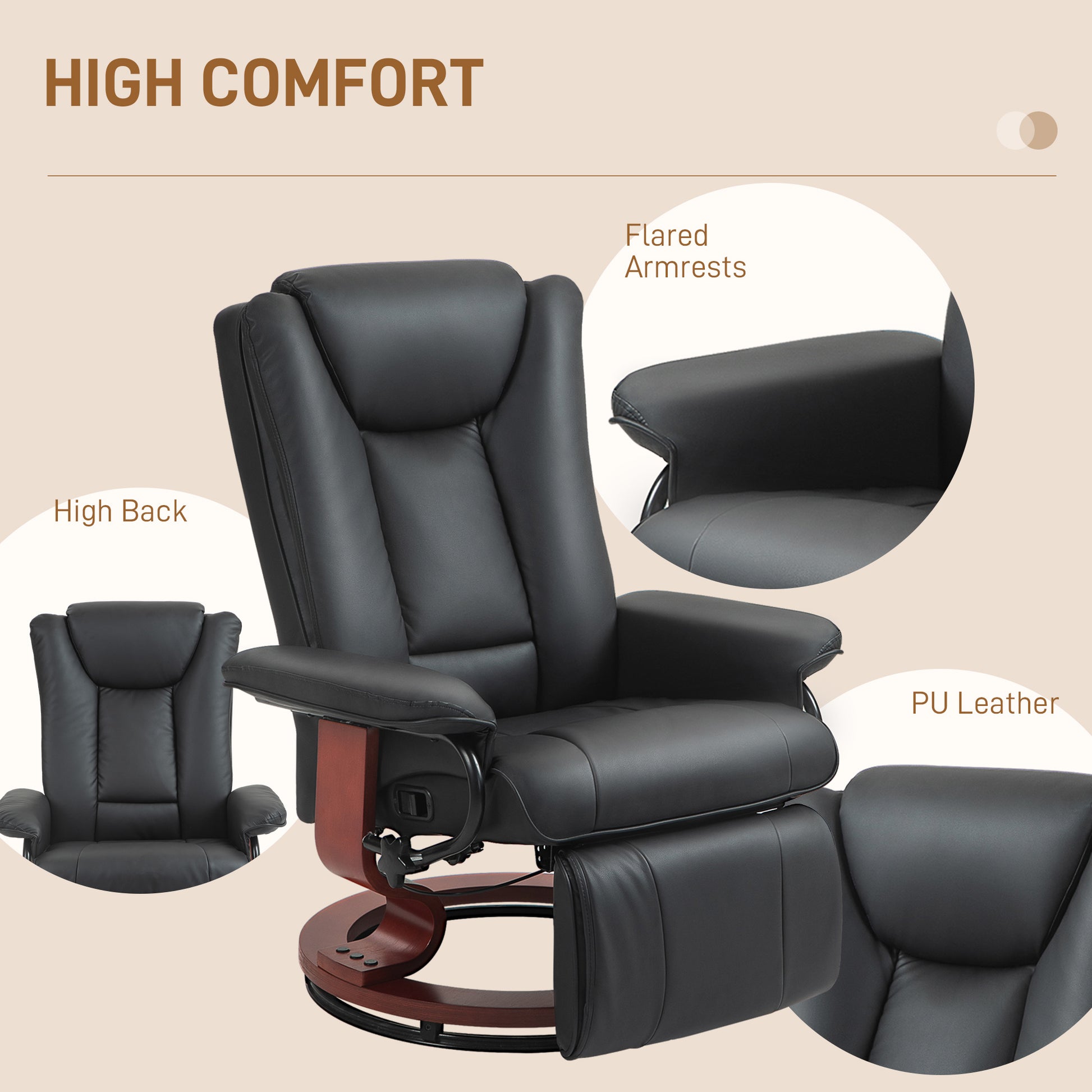 Homcom Manual Swivel Recliner Chair, Pu Leather Reclining Chair With Footrest For Living Room, Black Black Pu Leather