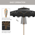 Outsunny 9' Patio Umbrella With Push Button Tilt And Crank, Double Top Ruffled Outdoor Market Table Umbrella With 8 Ribs, For Garden, Deck, Pool, Dark Gray Dark Gray Polyester