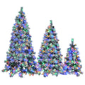 Pre Lit Spruce Snow Flocked Xmas Tree Set 4Ft, 6Ft, 7.5Ft With Pine Cones, Pe & Pvc Mixed Leaves, Artificial Hinged Xmas Tree With 820 Led Lights & 11 Flashing Modes, Perfect For Holiday Decoration White Green Polyethylene,Pvc