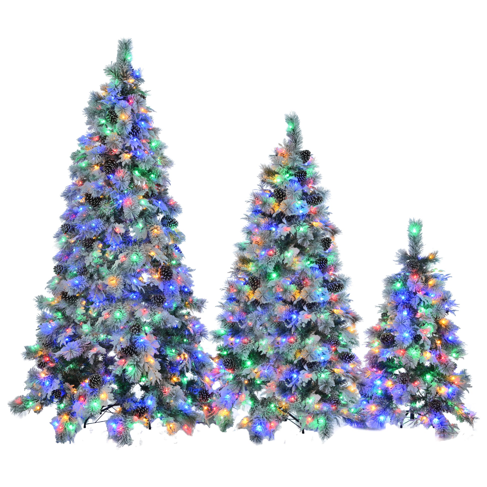 Pre Lit Spruce Snow Flocked Xmas Tree Set 4Ft, 6Ft, 7.5Ft With Pine Cones, Pe & Pvc Mixed Leaves, Artificial Hinged Xmas Tree With 820 Led Lights & 11 Flashing Modes, Perfect For Holiday Decoration White Green Polyethylene,Pvc