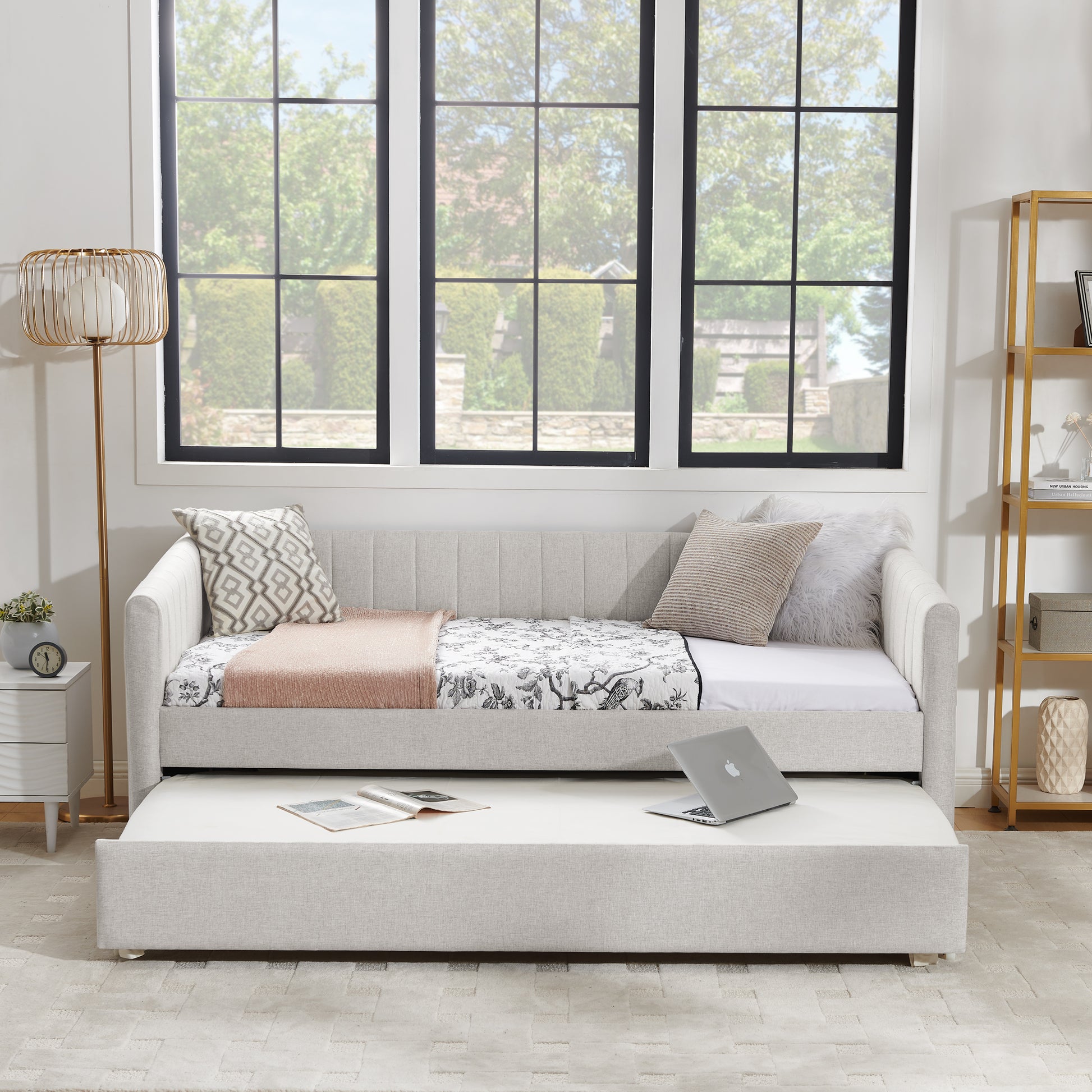 Twin Size Daybed With Trundle Upholstered Sofa Bed, With Vertical Stripes, Linen Fabric, Beige 82.5"X43"X30" Beige Linen