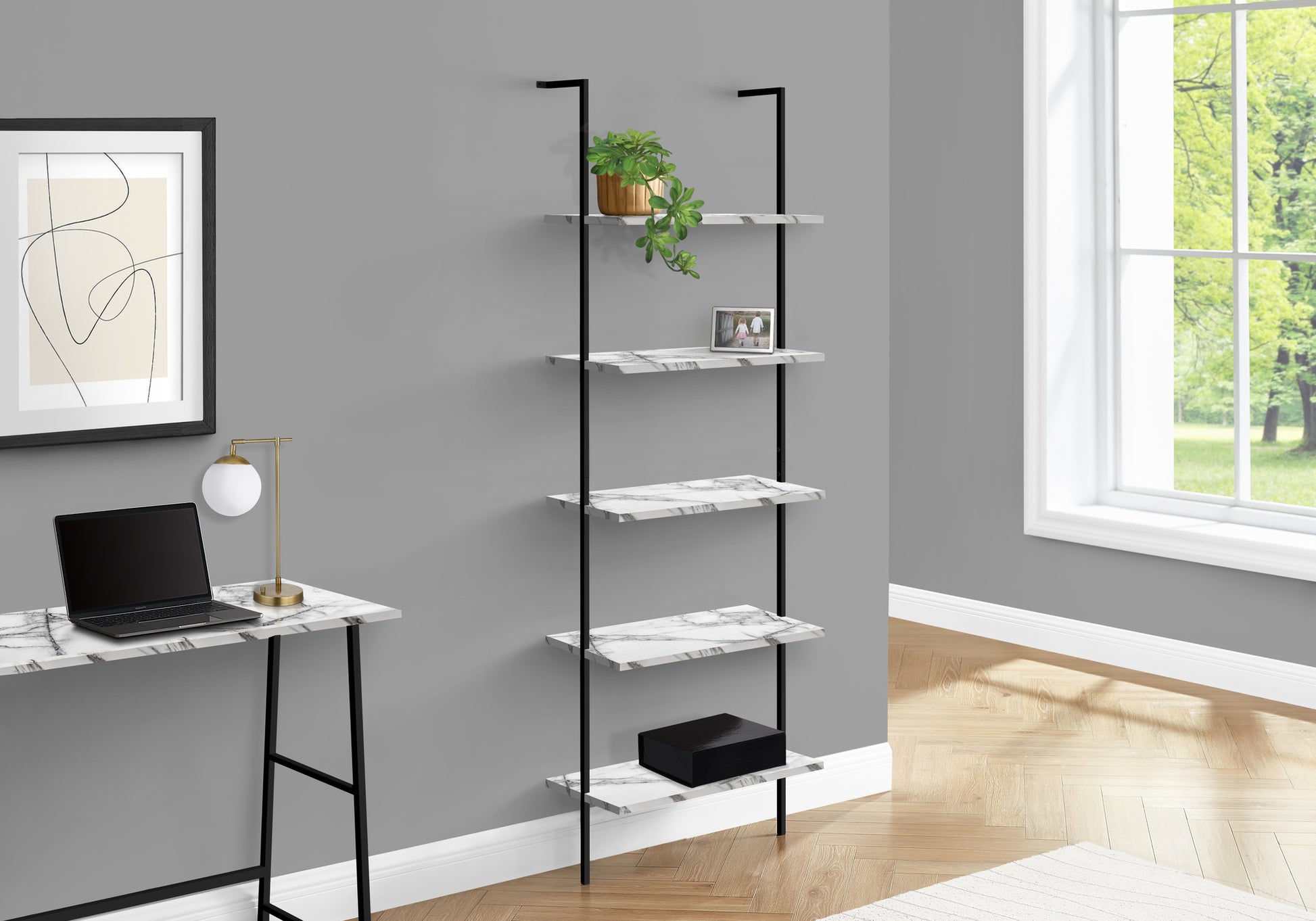 Bookshelf, Bookcase, Etagere, Ladder, 5 Tier, 72"H, Office, Bedroom, White Marble Look Laminate, Black Metal, Contemporary, Modern White Metal