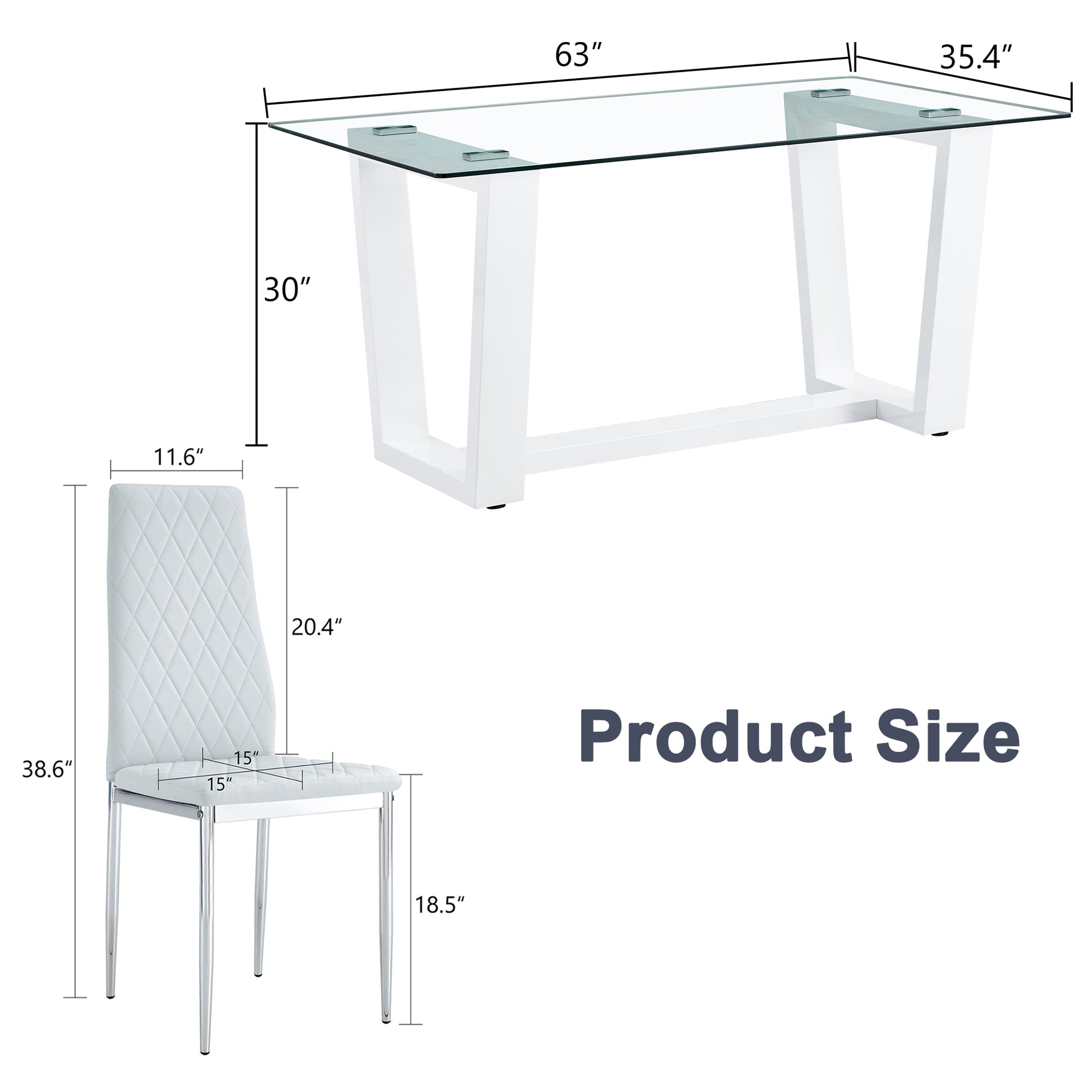 Table And Chair Set.A Rectangular Dining Table Features With Tempered Glass Top And Sleek White Mdf Stand.Paried With 6 Pu Chairs With Checkered Armless High Back And Electroplated Metal Legs. Light Gray,White Seats 6 Mdf Glass