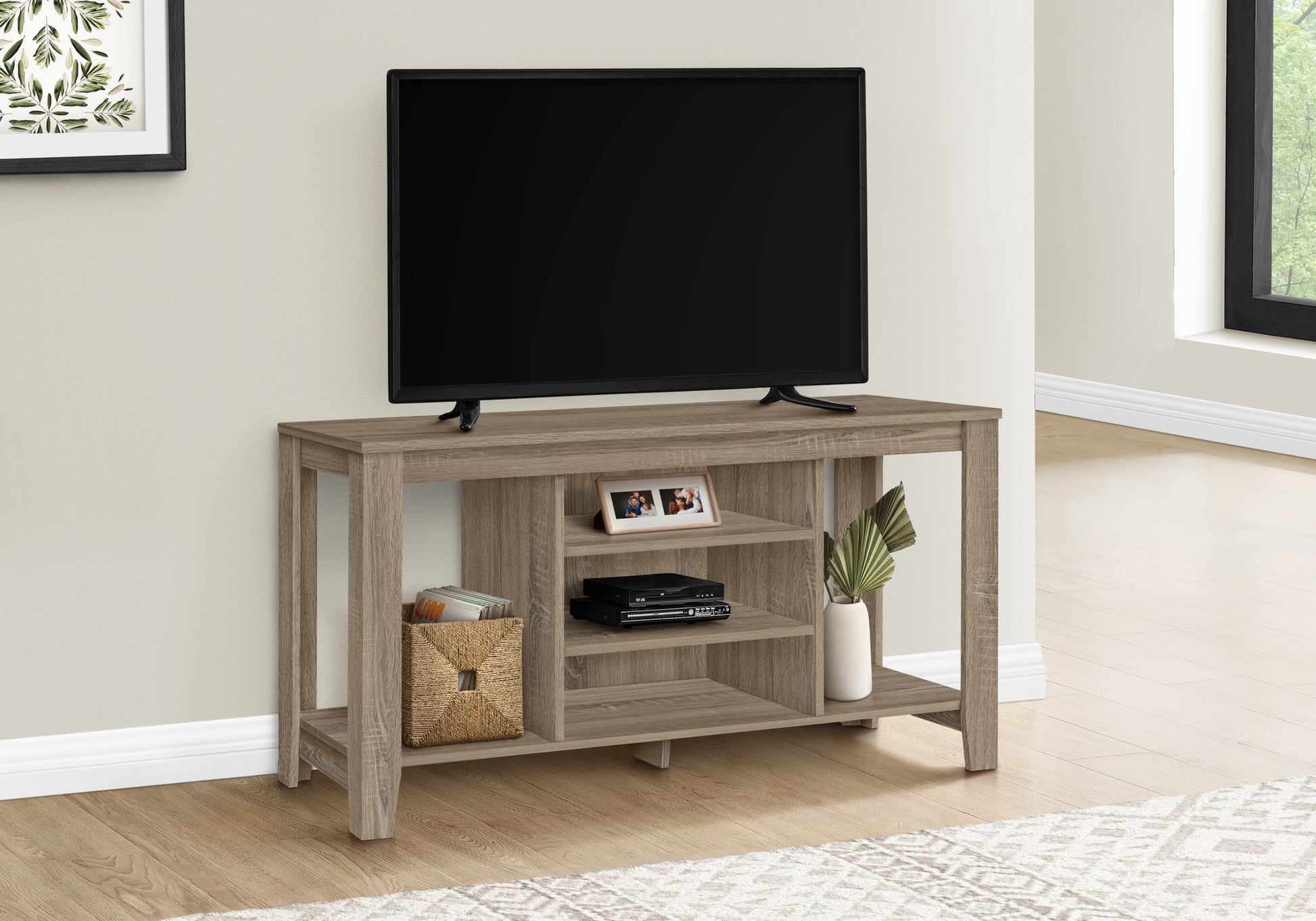 Tv Stand, 48 Inch, Console, Media Entertainment Center, Storage Shelves, Living Room, Bedroom, Brown Laminate, Contemporary, Modern Taupe 80 89 Inches Particle Board