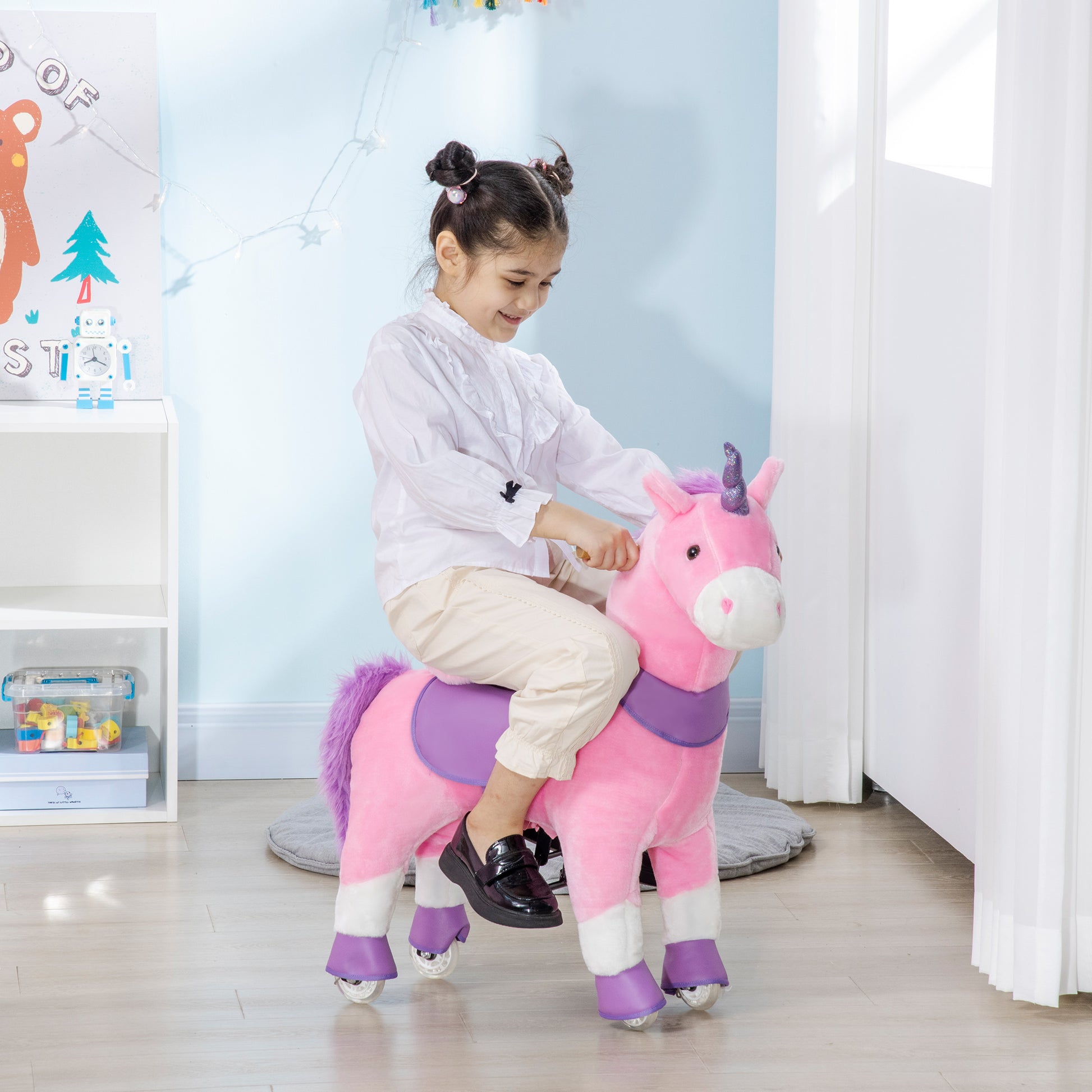 Qaba Ride On Real Walking Unicorn With Sparkly Horn, Soft Plush Ride On Rocking Horse Bearing 176Lbs, Imaginative Interactive Toy For Kids, Unicorn Gifts Pink Steel