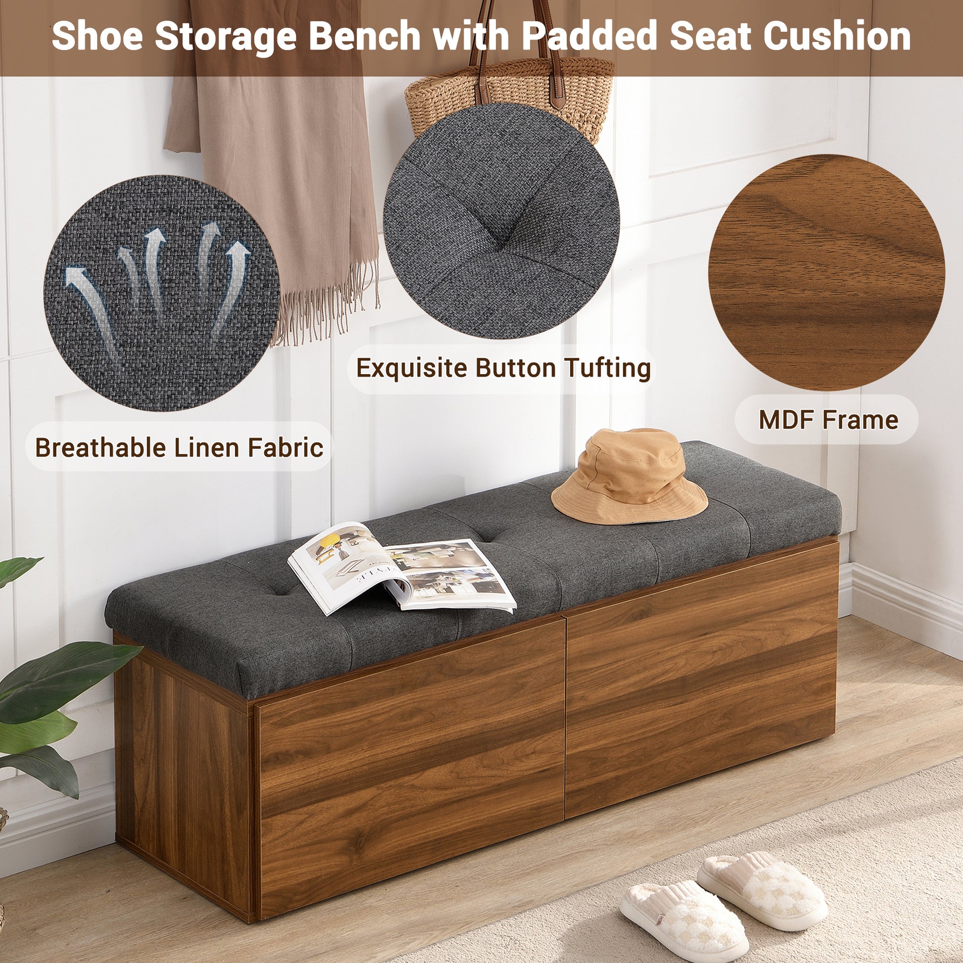 49" Shoe Storage Bench Entryway Shoe Cabinet Storage Ottoman With Padded Seat Cushion And Double Doors For Entryway, Hallway And Bedroom, Dark Grey Cushioned Dark Gray Linen Or Linen Blend Solid