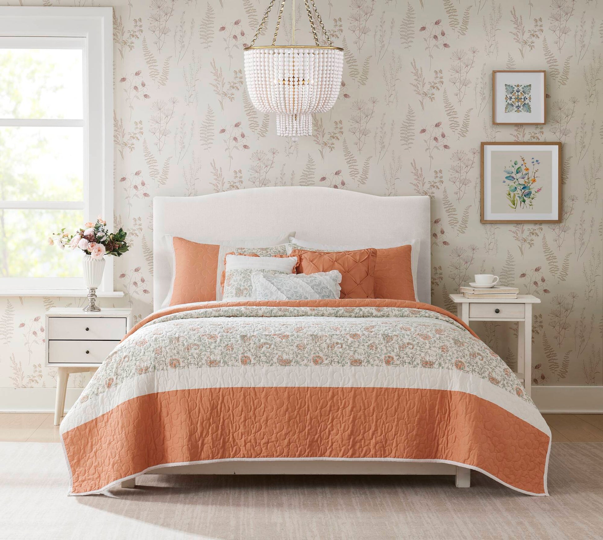 6 Piece Cotton Percale Quilt Set With Throw Pillows Coral King Cal King King Coral Polyester