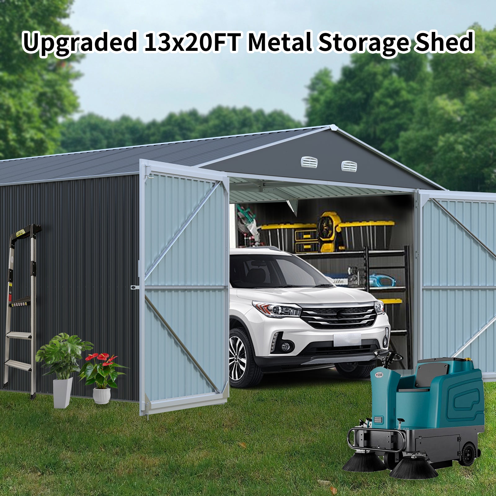 Spacious Outdoor Storage Shed: This 13X20Ft Outdoor Storage Shed Offers A Generous 250 Square Feet Of Floor Space, Perfect For Storing Trucks, Cars, Large Tools, And Lawn Equipment. With Double