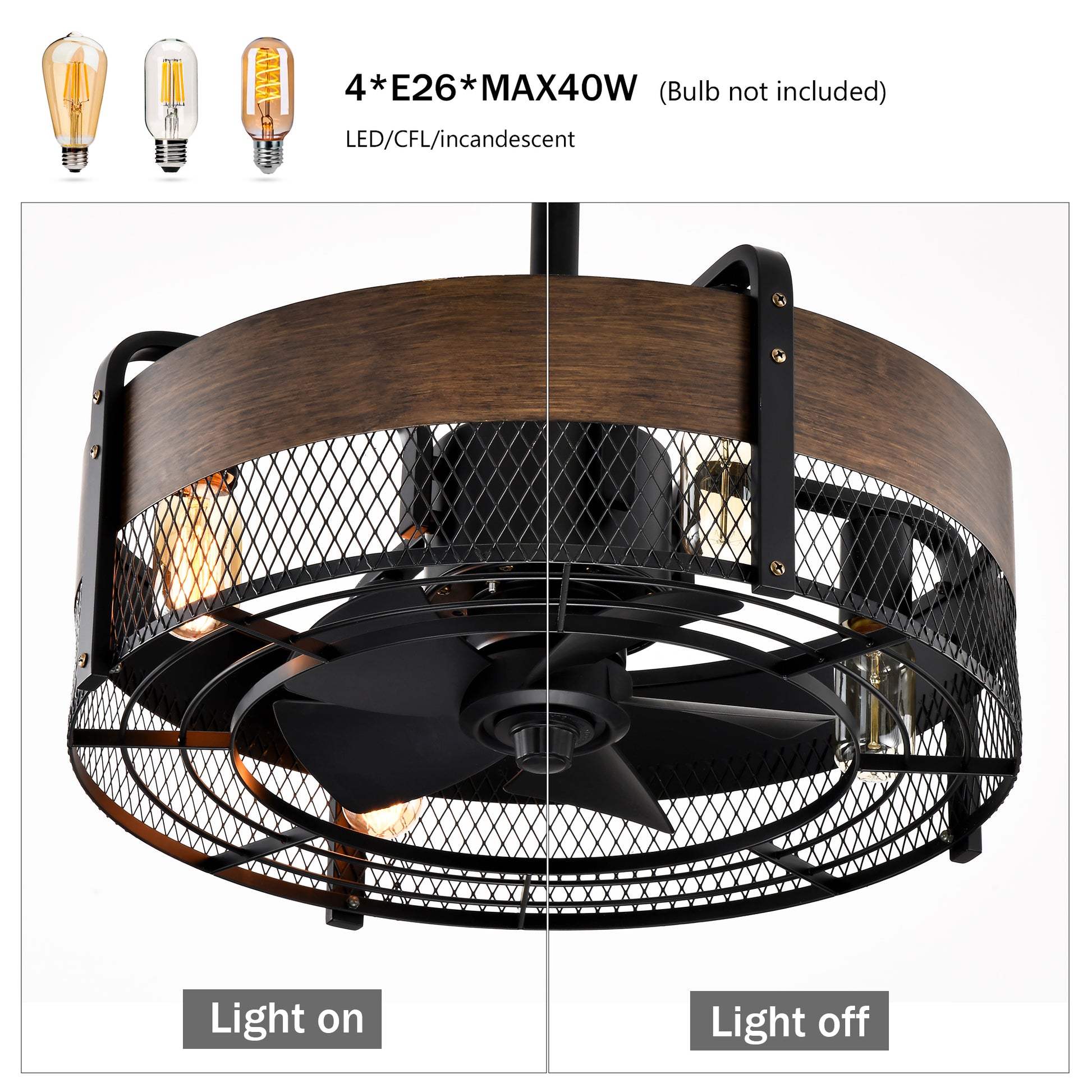 20.6" Caged Ceiling Fan With Lights Remote Control Bladeless Retractable 3 Speed 1 2 4 Timer,Modern Enclosed Reversible Motor Ceiling Fan For Farmhouse, Bedroom Living Room Matte Black American Design,Farmhouse,Modern,Traditional,Vintage Abs Metal