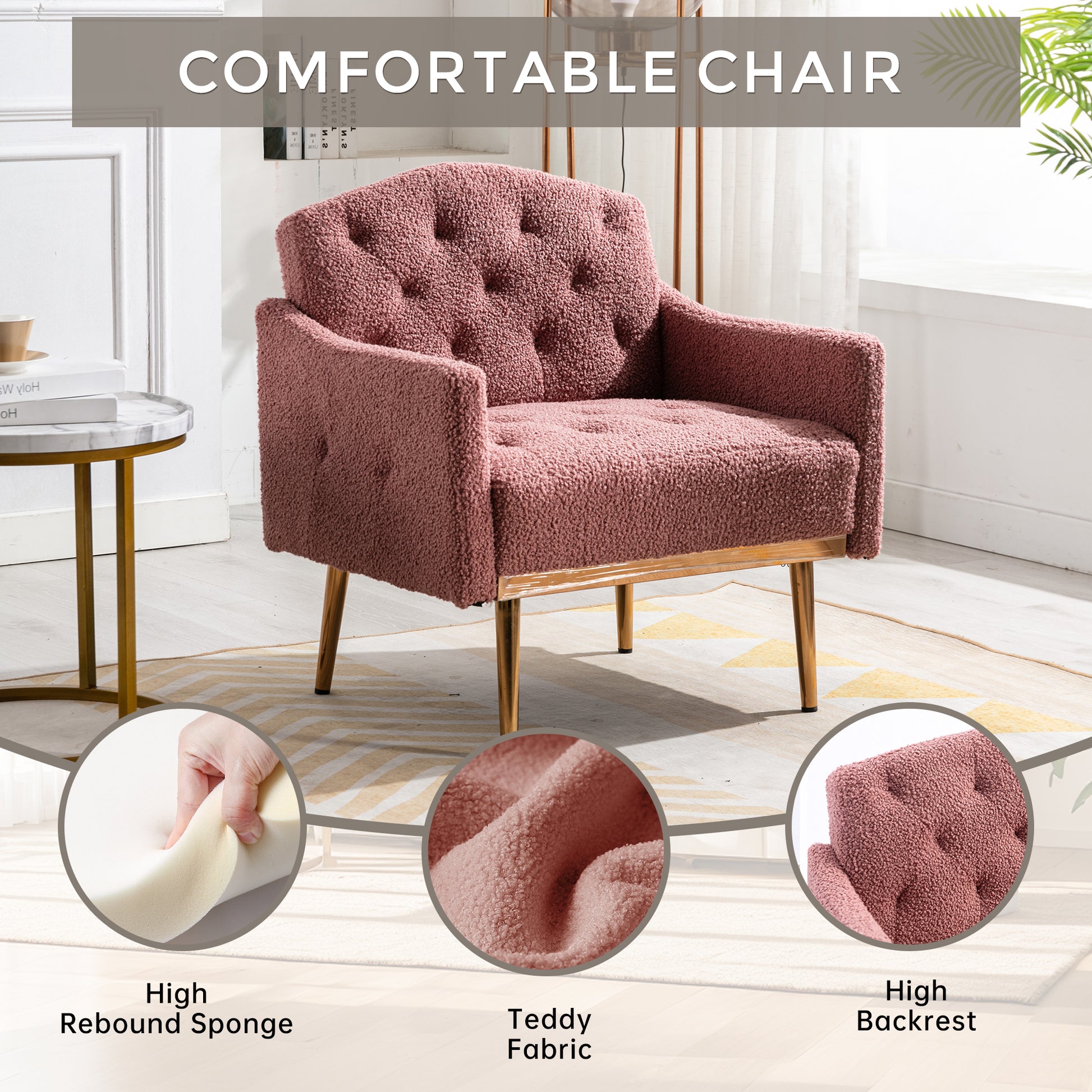 Coolmore Modern Accent Chair With Arms, Tufted Decorative Fabric Armchair With Gold Metal Legs, Upholstered Reading Chair For Living Room Bedroom Office Brush Pink Teddy Brush Pink Teddy Foam Teddy