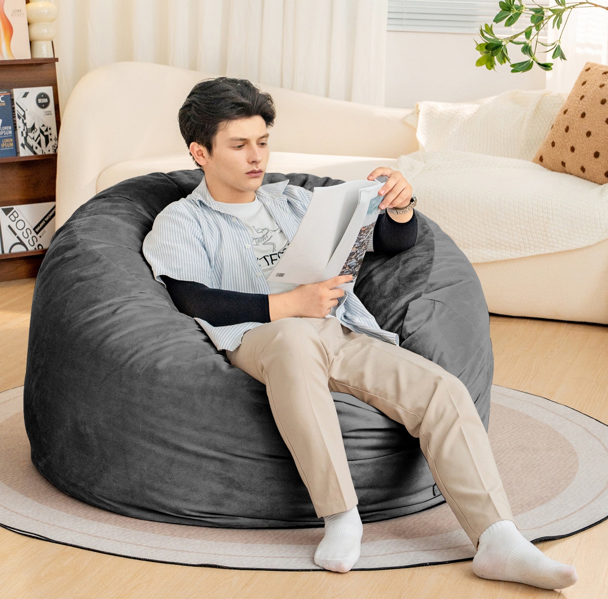 Bean Bag Chair 4Foot Luxurious Velvet Ultra Soft Fur With High Rebound Memory Foam For Adults Plush Lazy Sofa With Fluffy Removable Sponge Gray Primary Living Space Soft Casual,Classic,Modern Foam