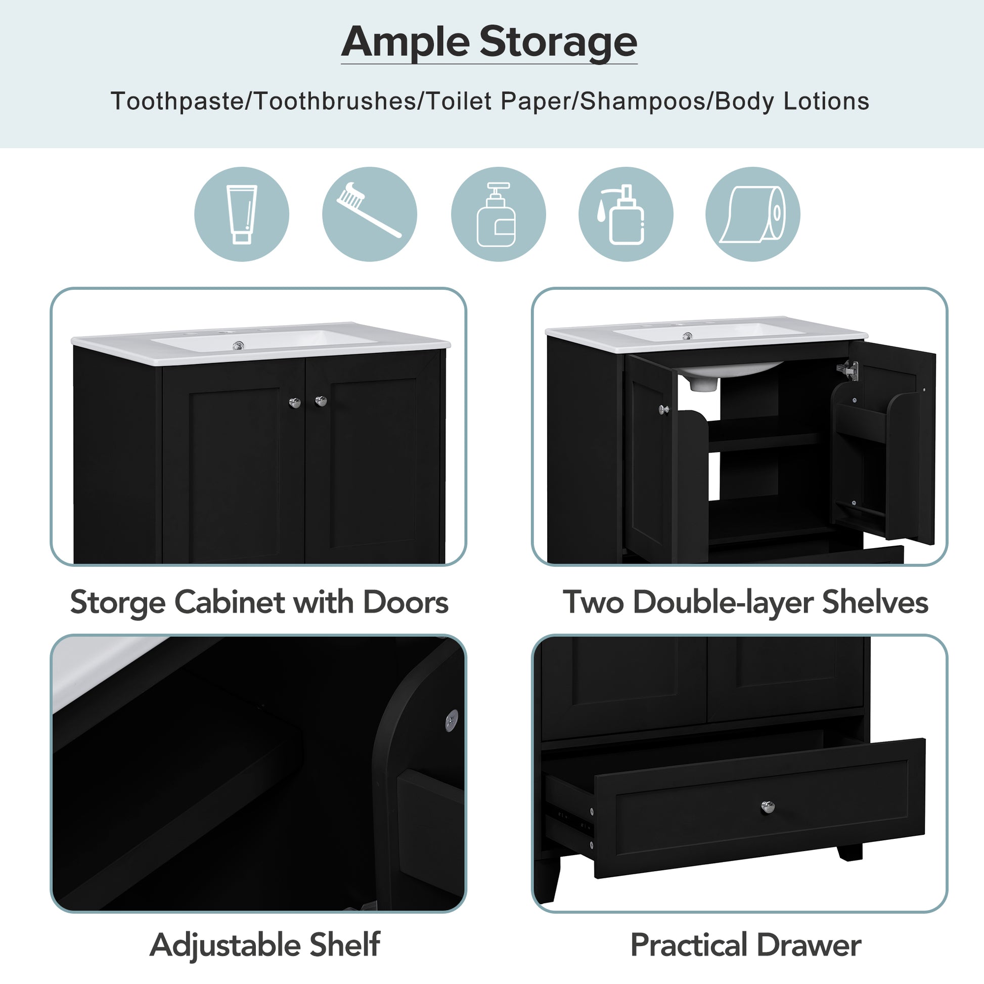 30" Black Bathroom Vanity Set With Ceramic Sink And Large Storage Space Ideal For Small Bathrooms Black Bathroom Solid Wood Mdf