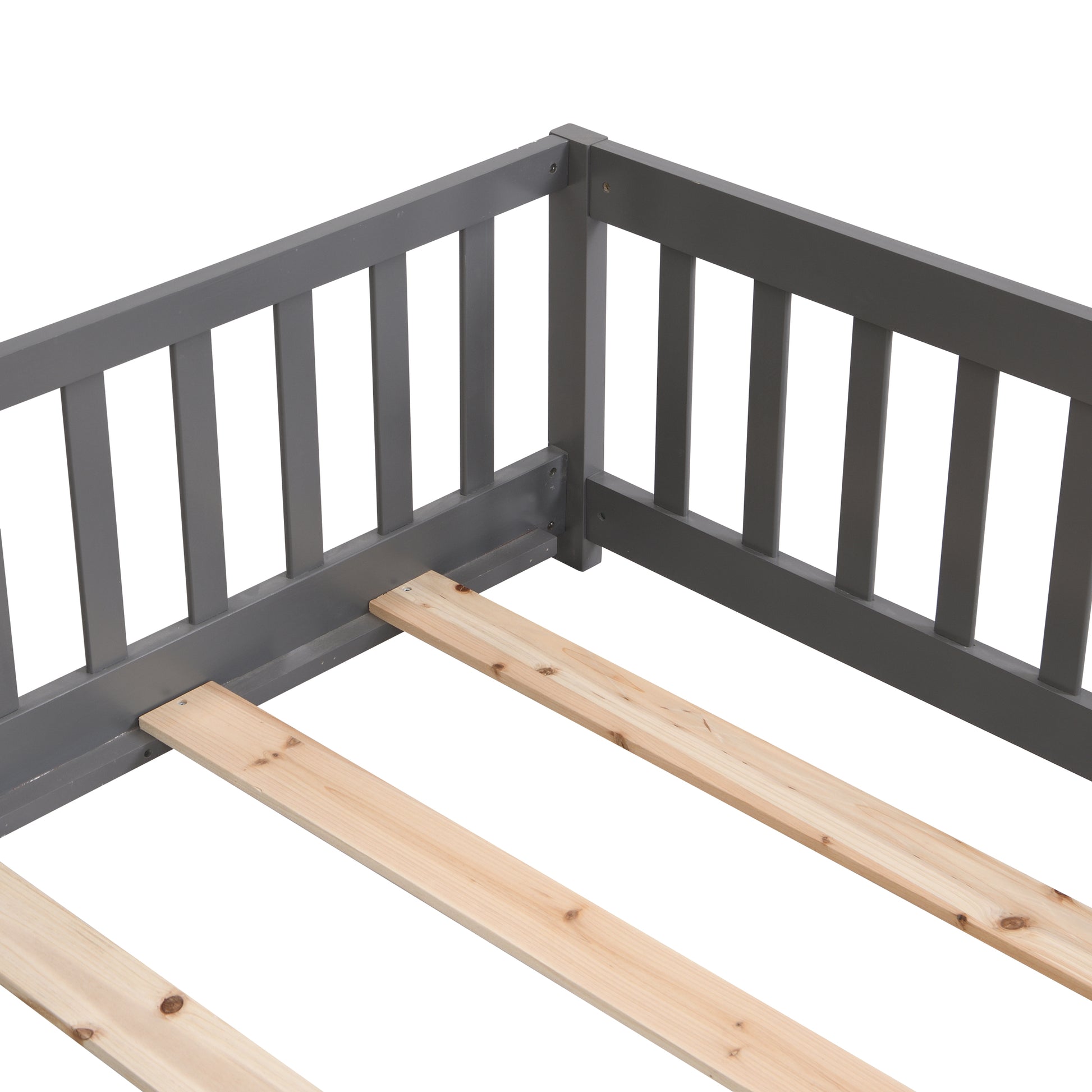 Queen Size Floor Bed With Door,Solid Wood Platform Bed Frame With Fence,Suitable For Children,Pine Wood,Gray Queen Gray Wood