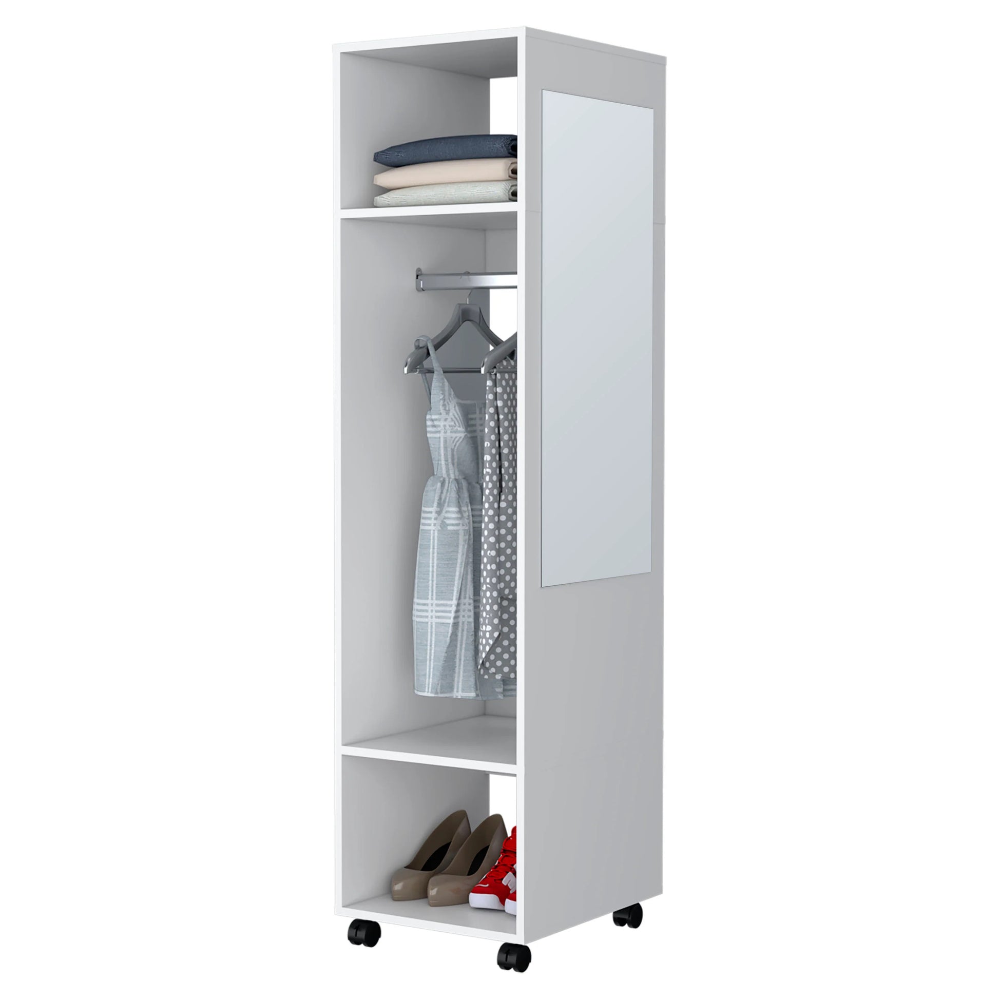 White 3 Shelf Wardrobe With Mirror And Open Storage White Particle Board Melamine