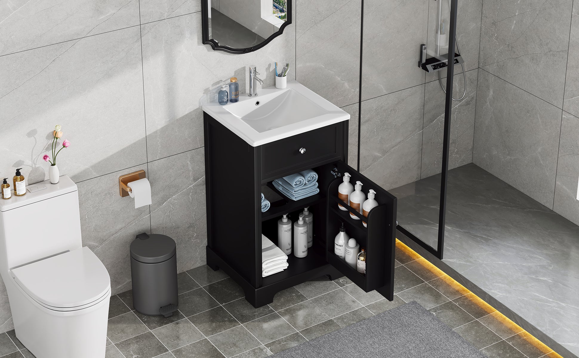 20" Bathroom Vanity With Sink, Bathroom Cabinet With Soft Closing Door, Storage Rack And Adjustable Shelve, Black Black Mdf