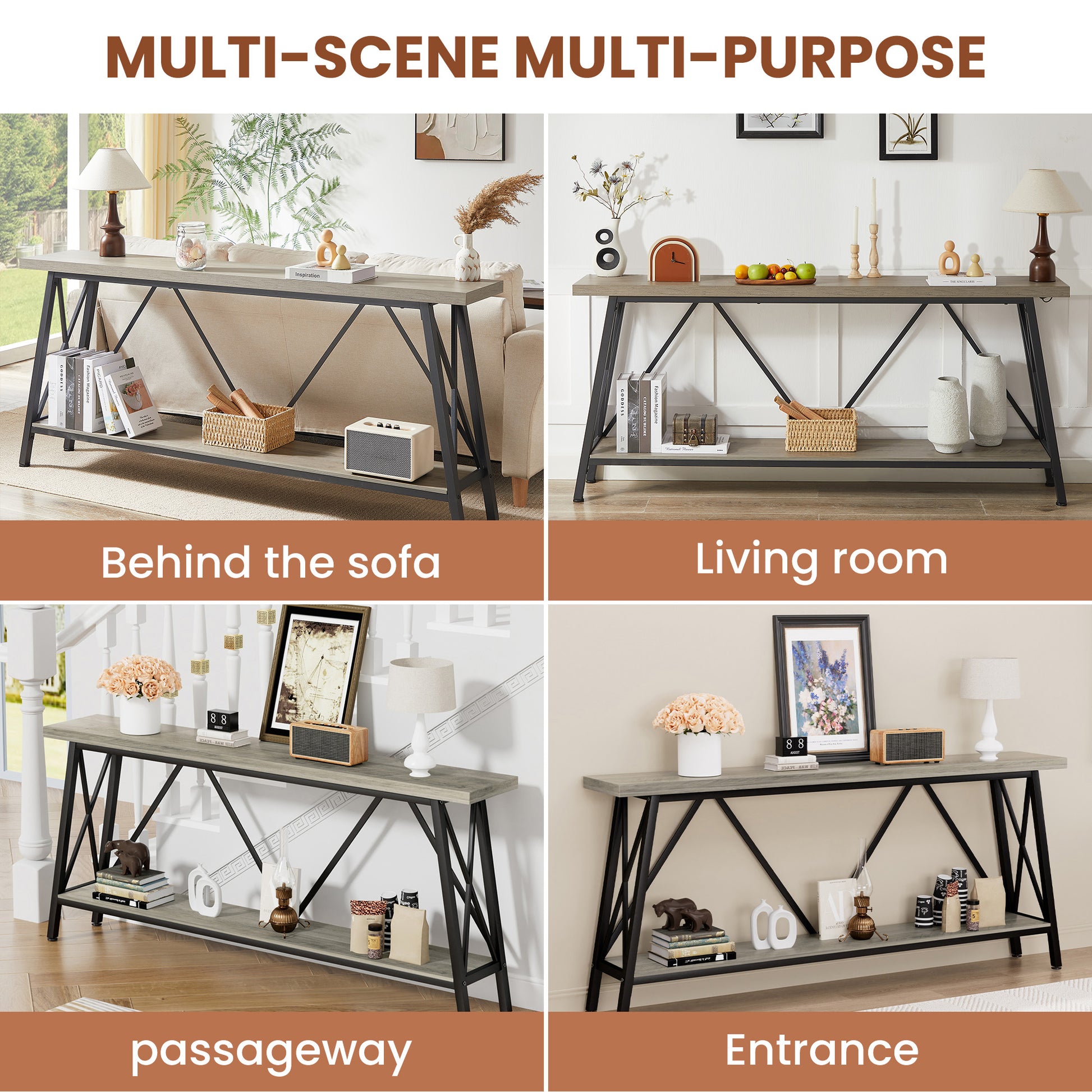 70.9 Inch Extra Long Sofa Table, Console Behind Sofa, Entryway Table With 2 Tier Storage Shelves For Hallways, Living Rooms,Foyers,Entryways,Banquet Rooms,Rustic Gray And Black, 70.9 L X 11.8"W X