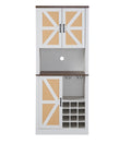 76 Inch Tall Farmhouse Kitchen Faux Rattan Wine Cabinet, Kitchen Bar Cabinet With Square Compartments And Shelves, Large Wooden Faux Rattan Storage Cabinet With Barn Doors And Microwave Shelves White Walnut Particle Board Mdf