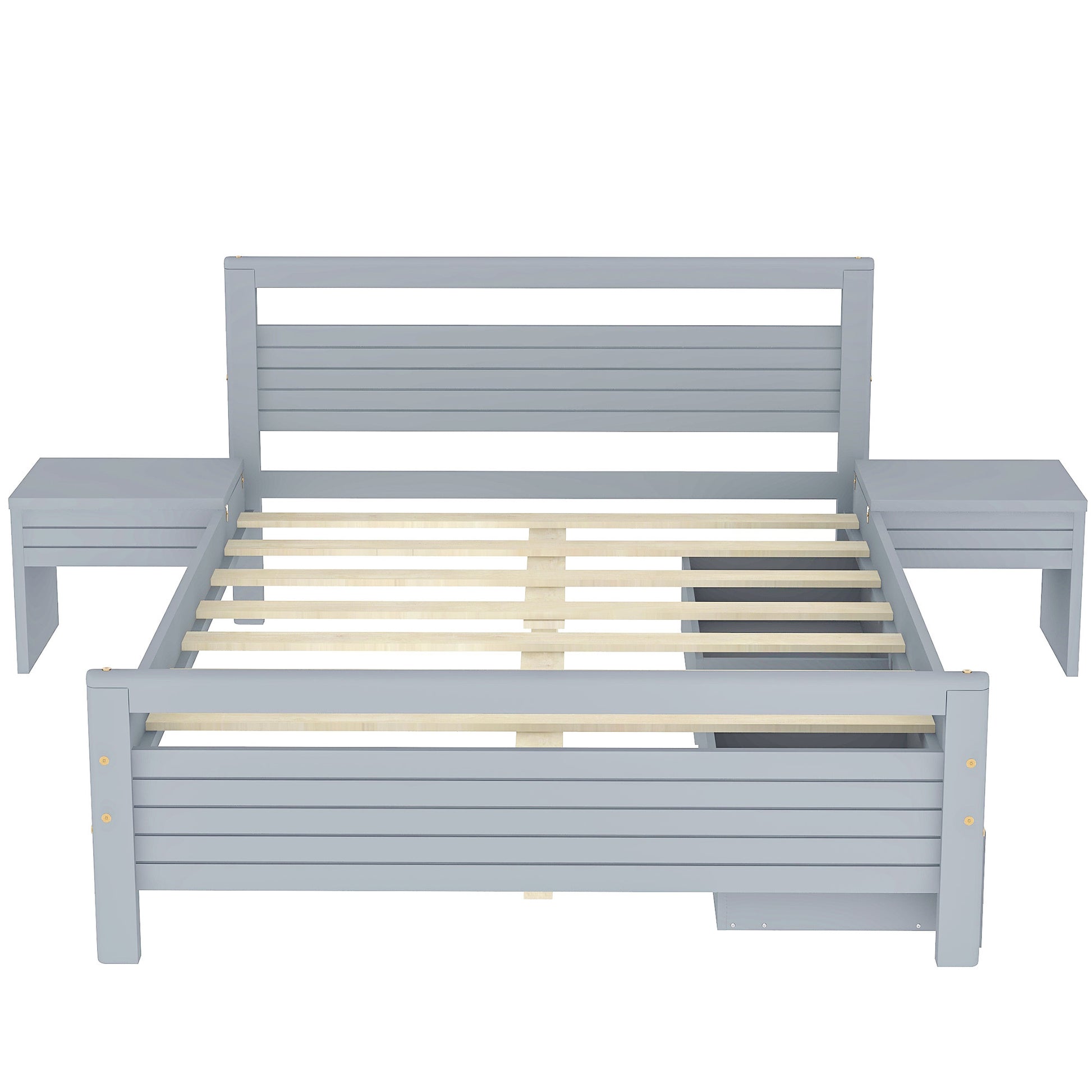 Full Size Wooden Platform Bed With 2 Storage Drawers And 2 Bedside Tables, Gray Full Gray Pine