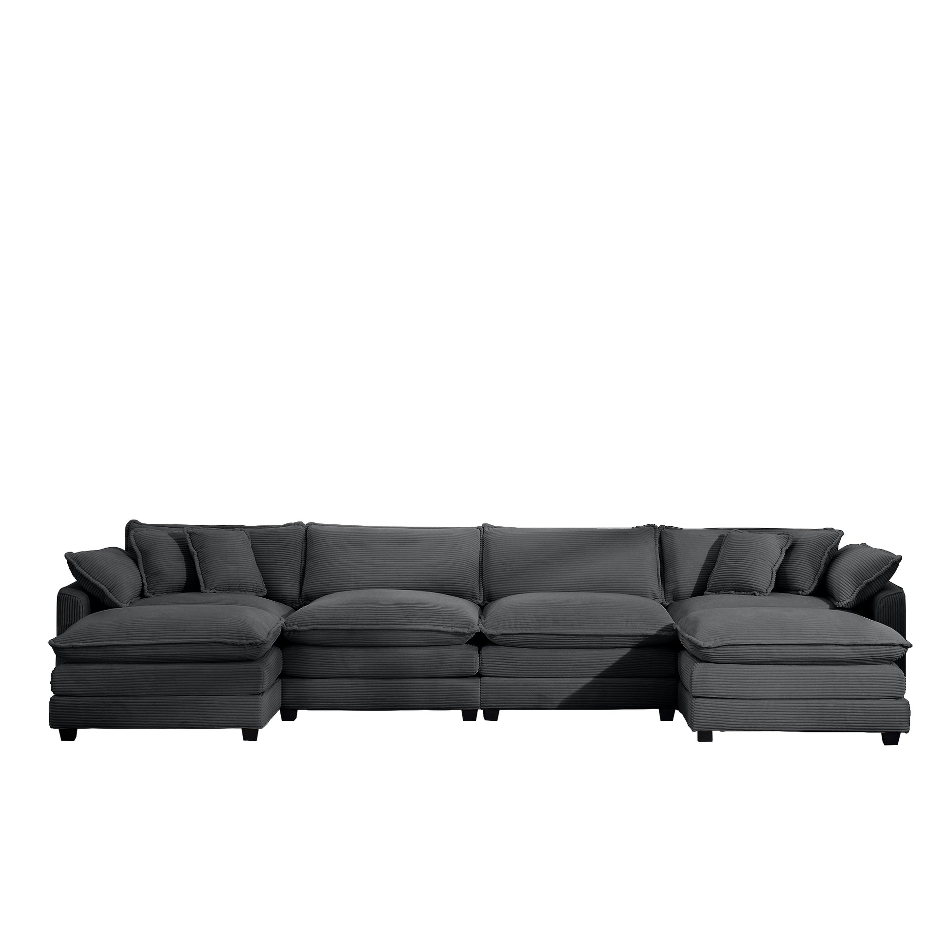 Corduroy Sofamodern Upholstered 4 Seater With 3 Footstools Corduroy Fabric Sofaoffice Living Room Apartment Comfortable Sofa, Easy To Assemble With 2 Arm Pillows And 4 Throw Pillows Grey Corduroy 4 Seat