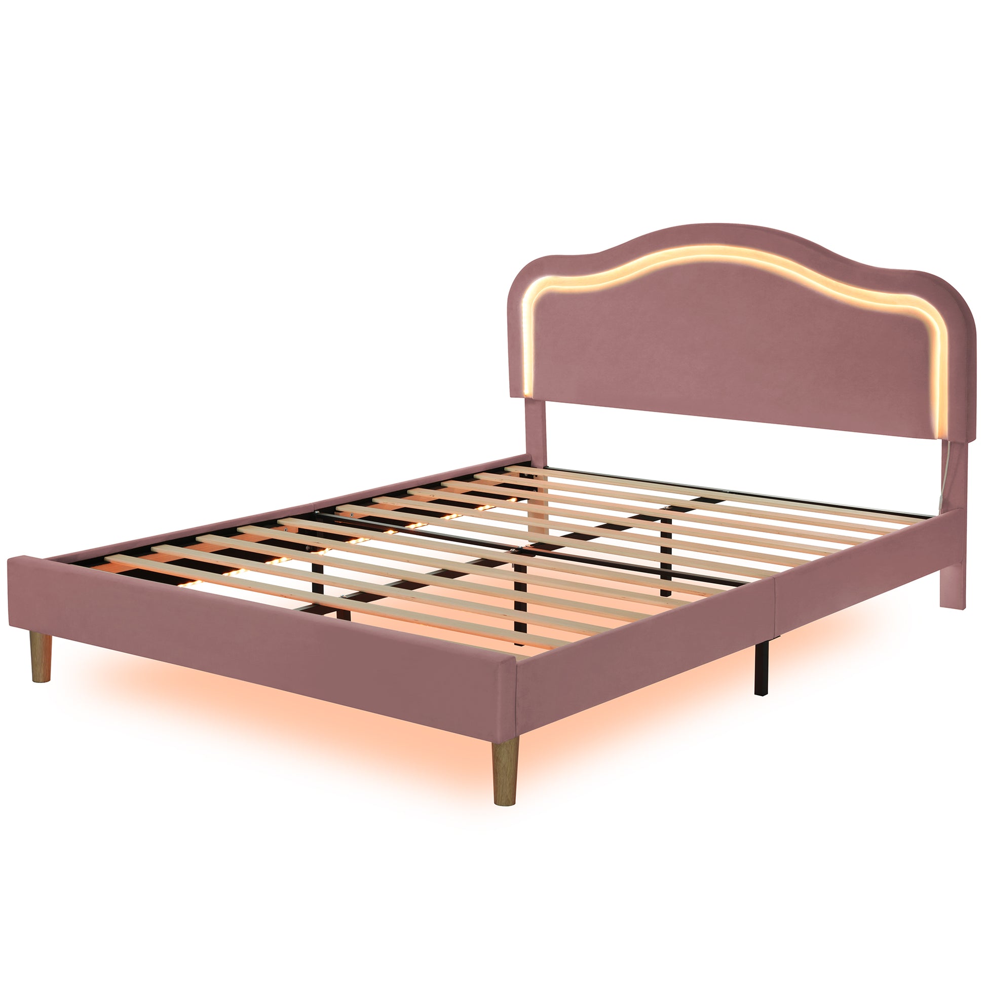 Queen Size Velvet Upholstered Smart Led Bed Frame With Adjustable Height Headboard,No Box Spring Needed,Easy Assembly,Pink Box Spring Not Required Queen Pink Wood Bedroom Cute,Modern Bed Frame Wood