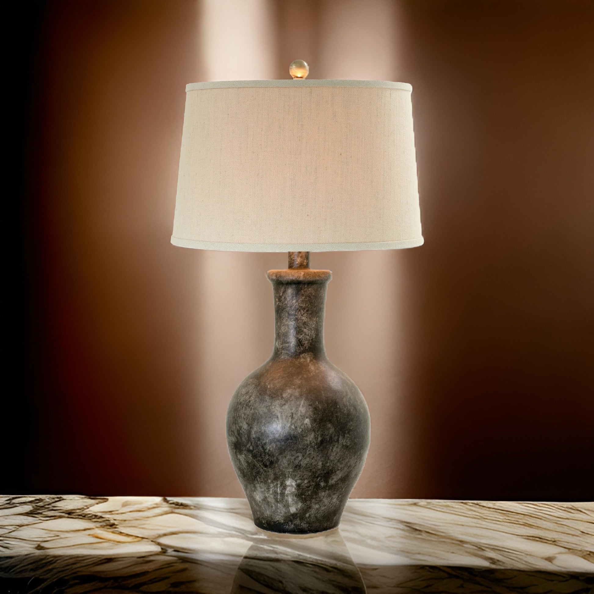 Aine 29 Inch Hydrocal Table Lamp, Drum Shade, Urn Shaped Base, Slate Gray Gray Beige Fabric