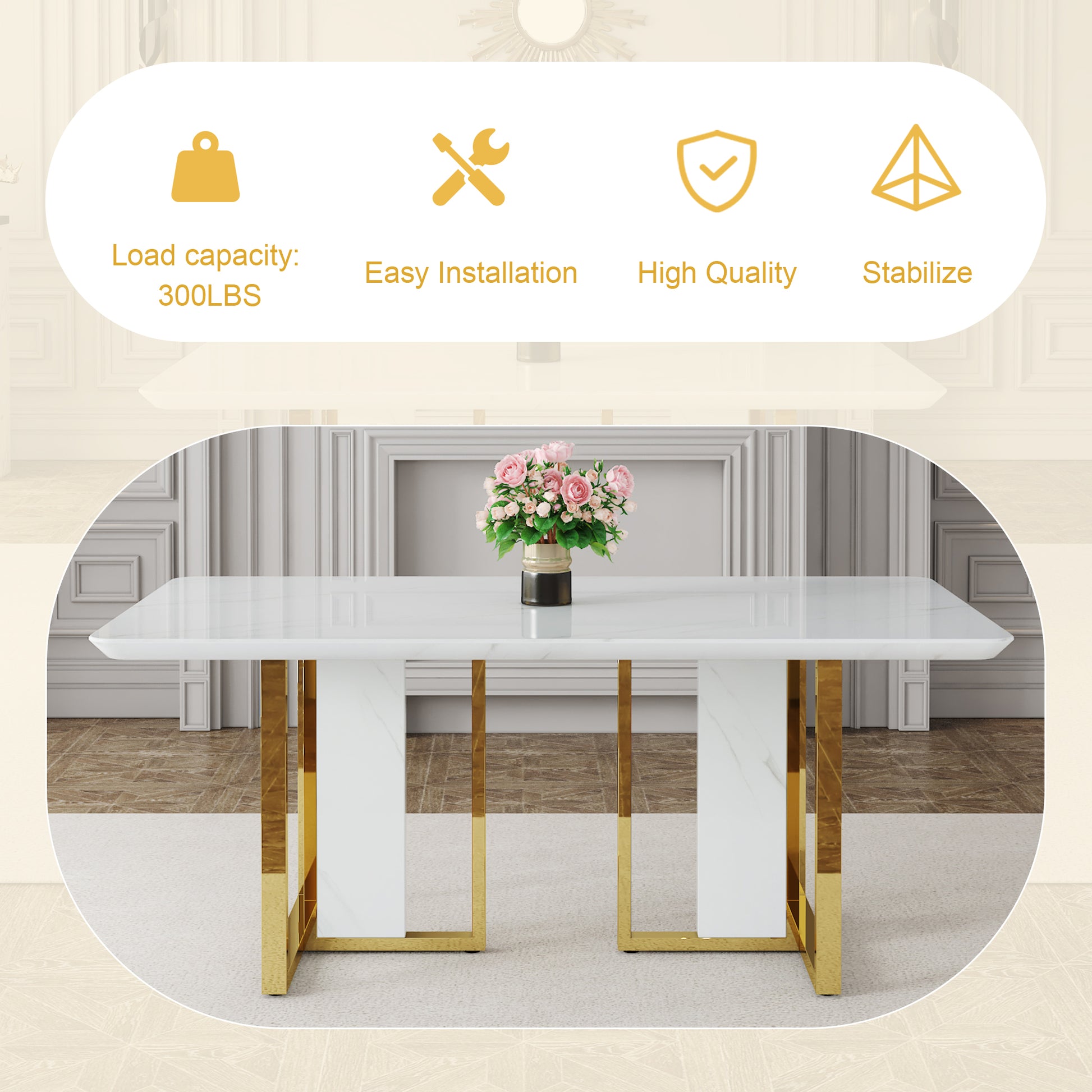 Table And Chair Set.67"X36" White Marble Pattern Mdf Dining Table Set With 8 Light Gray Pu Chairs.Mdf Sticker,White Marble Pattern Sticker,Gold C Tube Chair Legs,Suitable For Kitchen,Dining