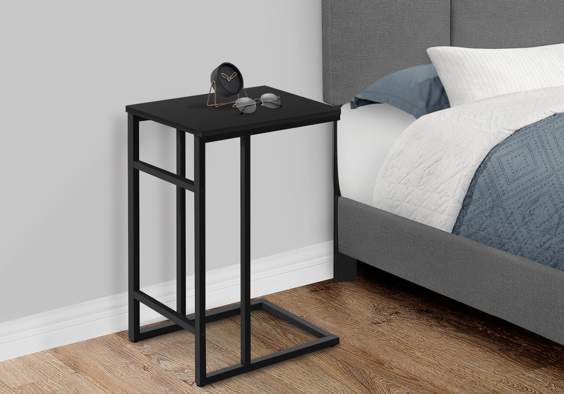 Accent Table, C Shaped, End, Side, Snack, Living Room, Bedroom, Black Laminate, Black Metal, Contemporary, Modern Black Particle Board