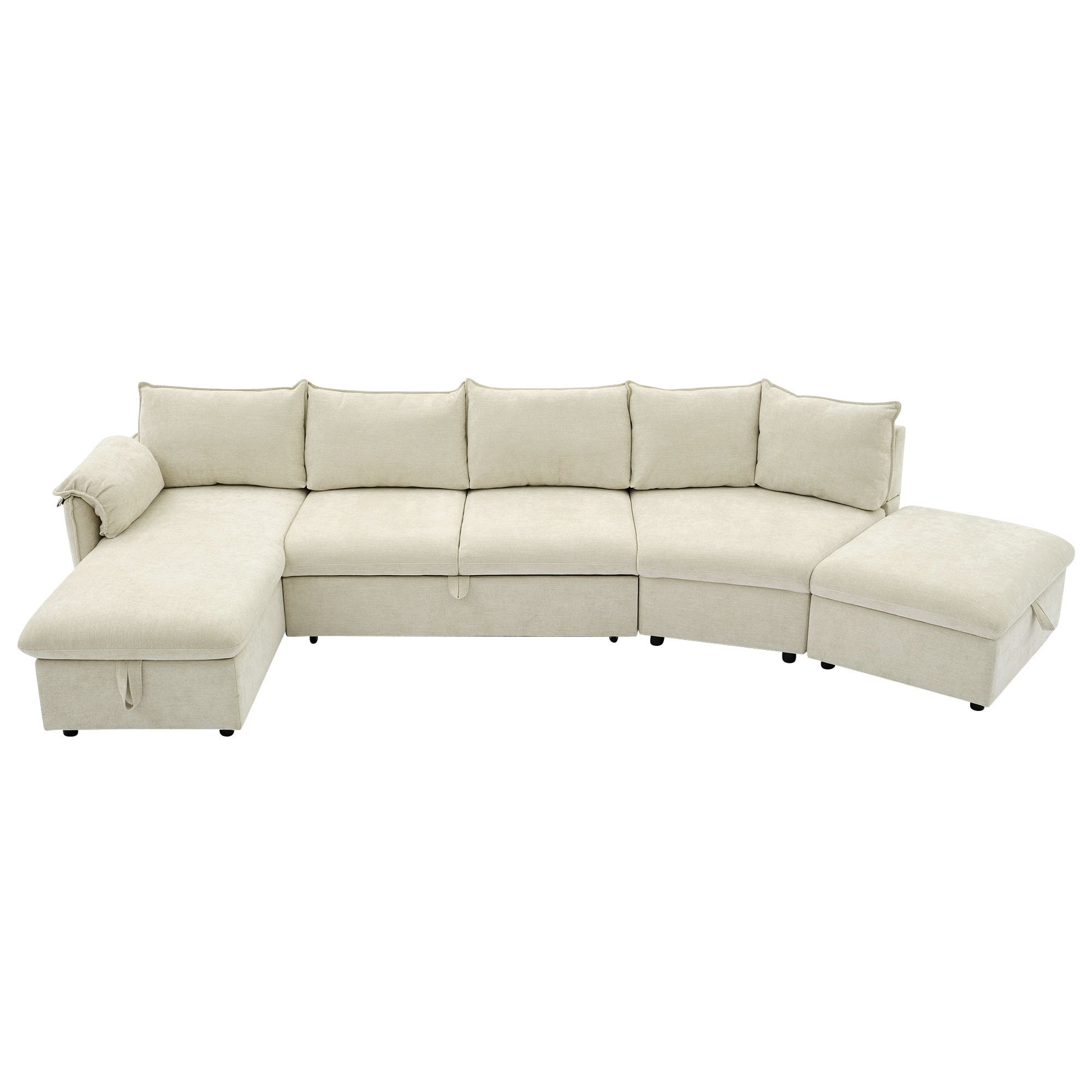 146.9" L Shaped Sofa Sectional Sofa Couch Pull Out Sofa Bed With A Movable Storage Ottoman, A Storage Chaise Lounge And Two Usb Ports For Living Room, Beige Beige Foam Linen 5 Seat