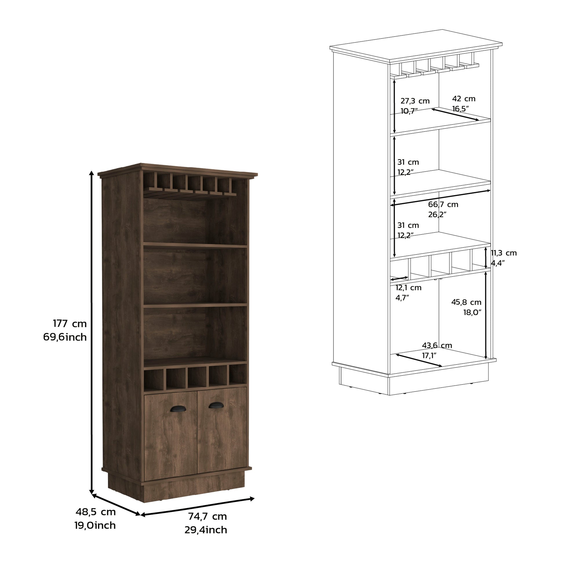 Bar Cabinet With Wine Rack 70"H, Upper Glass Cabinet, Three Open Storage Shelves And One Cabinet,Dark Brown Dark Brown Solid Wood Mdf Engineered Wood