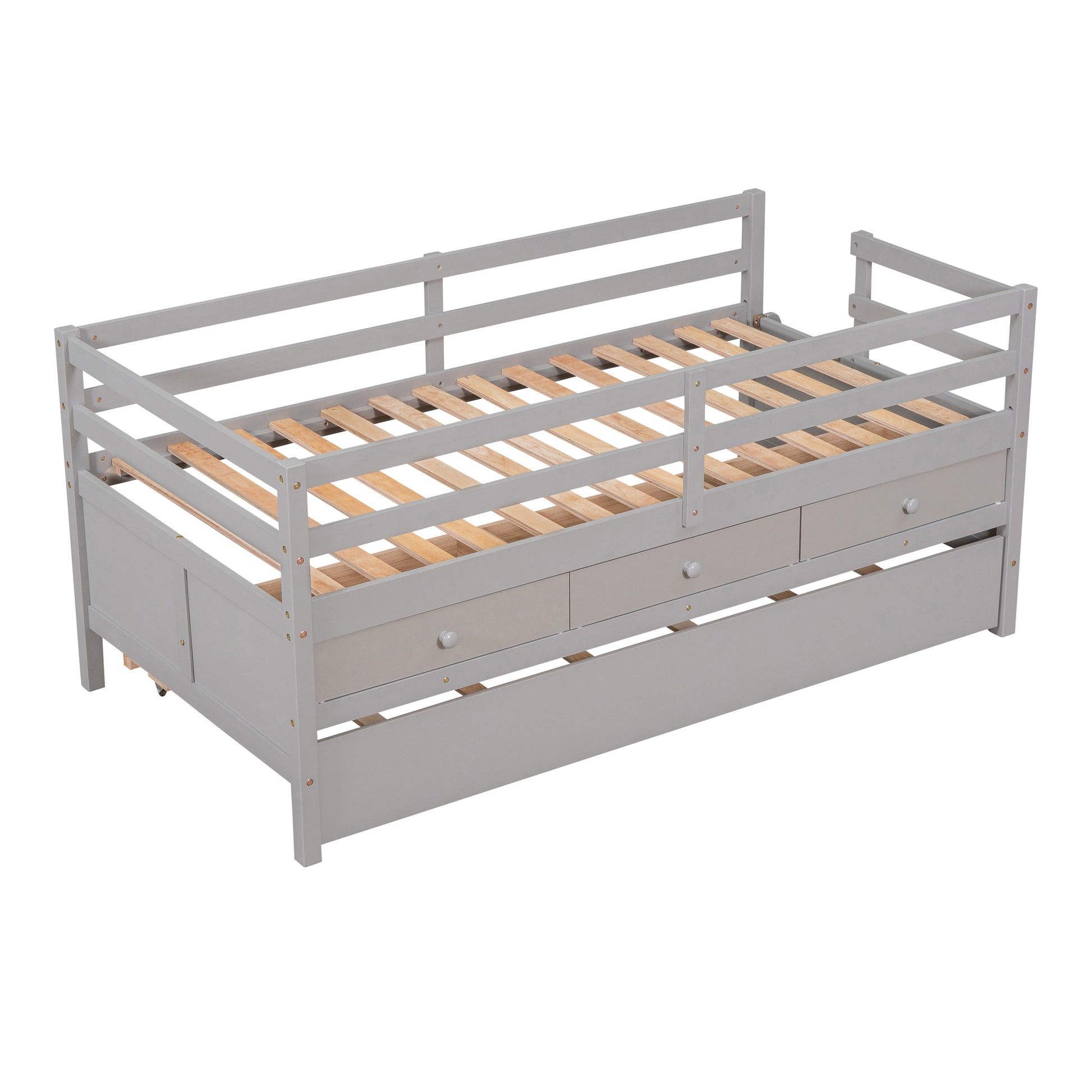 Low Loft Bed Twin Size With Full Safety Fence, Climbing Ladder, Storage Drawers And Trundle Gray Solid Wood Bed Gray Solid Wood