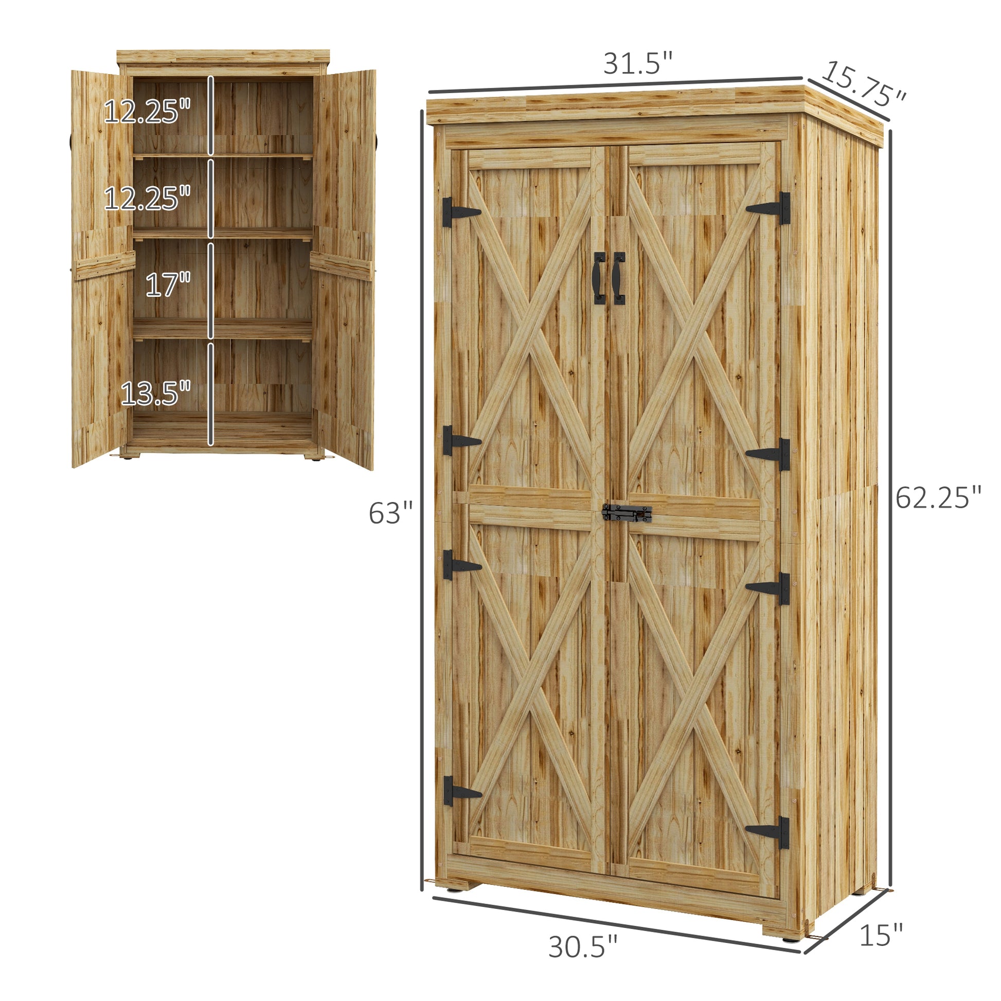 Outsunny Wooden Garden Shed, Outdoor Storage Cabinet With Waterproof Galvanized Metal Roof, Narrow Tool Shed With 3 Shelves And Lockable Door, Natural Natural Wood