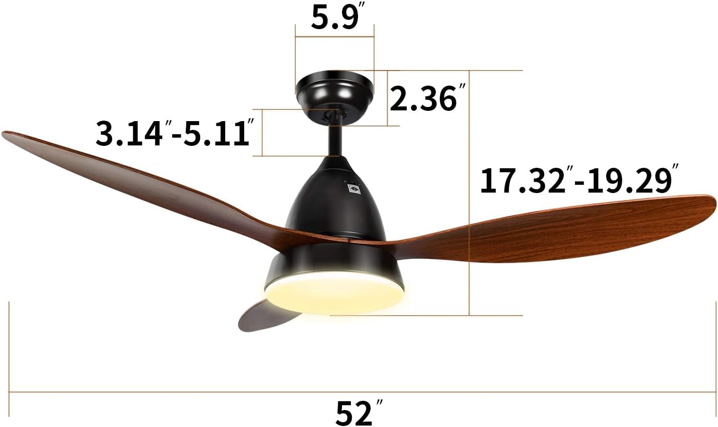 52 Inch Ceiling Fan With Led Light And Remote Control, 3 Speed Modes, 2 Rotating Modes, Timer Antique Brown Wood
