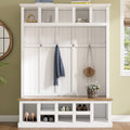 Farmhouse Wooden Style 78''H Modern Hall Tree With Wide Storage Seating Bench, Entryway Shoe Cabinet With 13 Compartments, Elegant Coat Rack With 6 Hooks For Mudroom, Living Room, White White Primary Living Space Particle Board