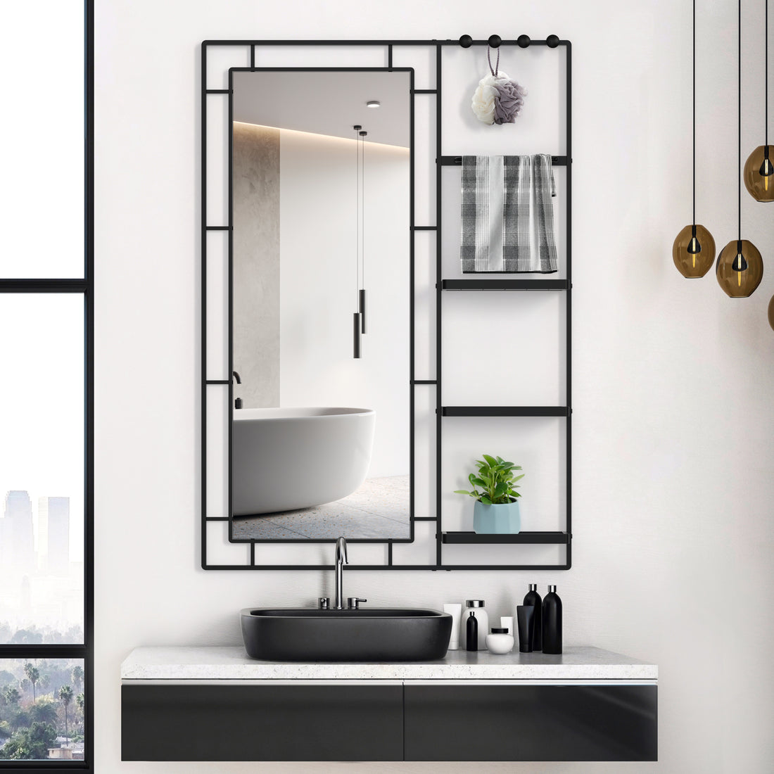 30X44 Ines Modern Vanity Mirror With Multi Functional Shelf, Large Bathroom Mirror, Black Frame Decoration Mirror, Suitable For Bathroom, Living Room, Bedroom Black Metal