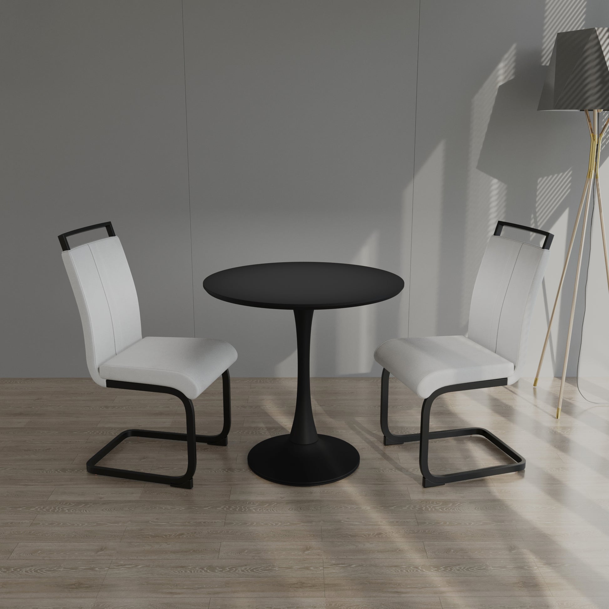 Black Circular Dining Table, 31.5 "Tulip Dining Table, Kitchen Dining Table For 2 4 People, Mdf Tabletop And Base, And 2 White Pu Black Metal Leg Dining Chairs Set 2 Black Mdf