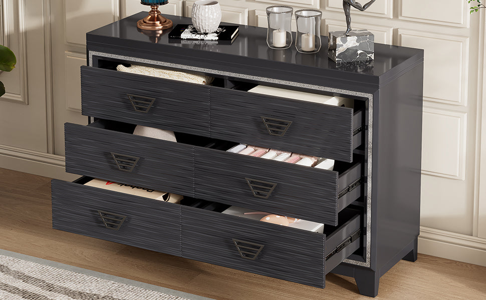 Elegant Dresser With Metal Handle And Sparkling Shiny Decoration, Storage Cabinet With 6 Drawers For Bedroom, Living Room, Black Black Mdf