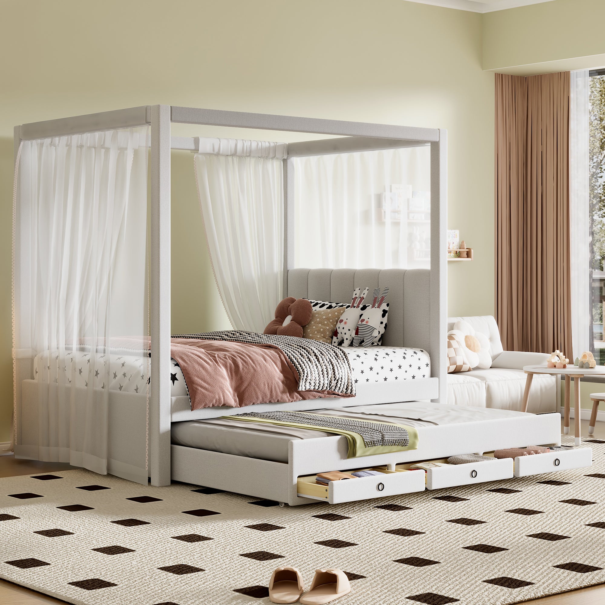 Twin Size Upholstery Canopy Platform Bed With Trundle And Three Storage Drawers, Beige Twin Beige Upholstered