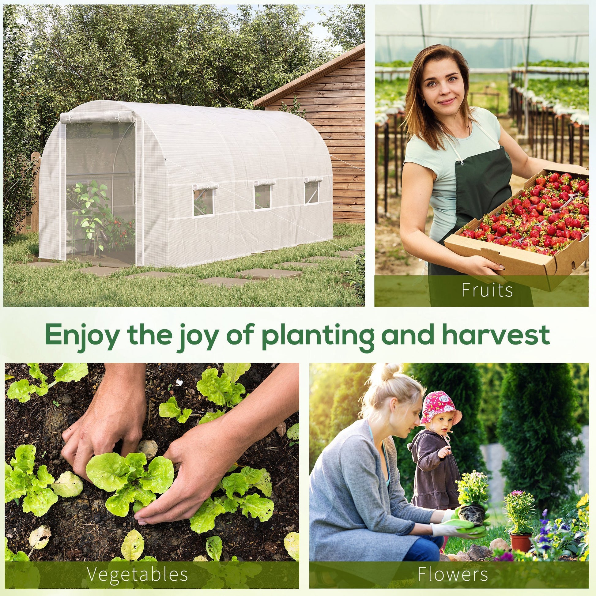 Outsunny 15' X 7' X 7' Walk In Tunnel Greenhouse, Large Garden Hot House Kit With 6 Roll Up Windows & Roll Up Door, Steel Frame, White White Steel